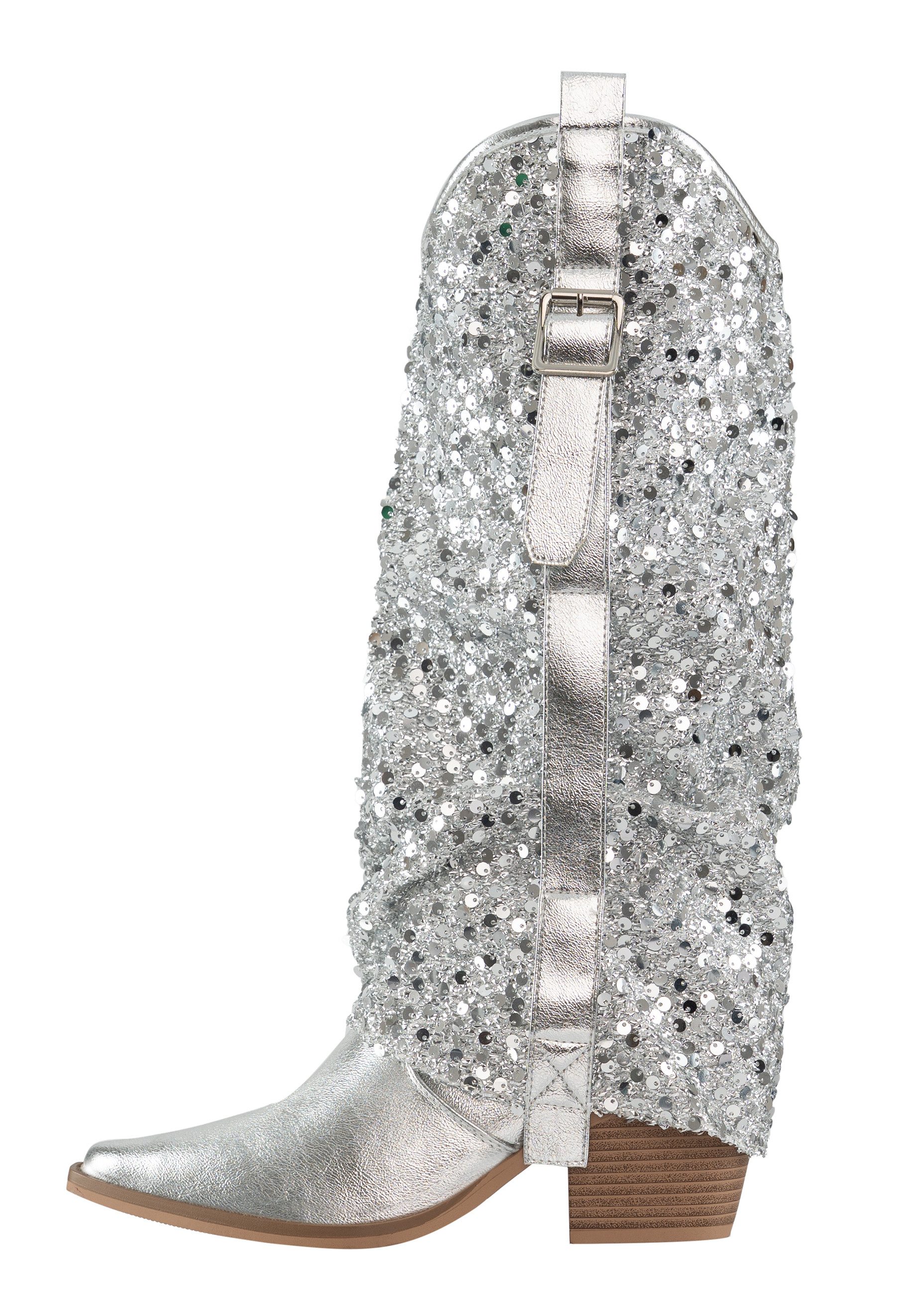Salinyang Pailletten Stiefel Damen Cowboy Boots Kunstleder Stiefel Glitzer Look Stiefel