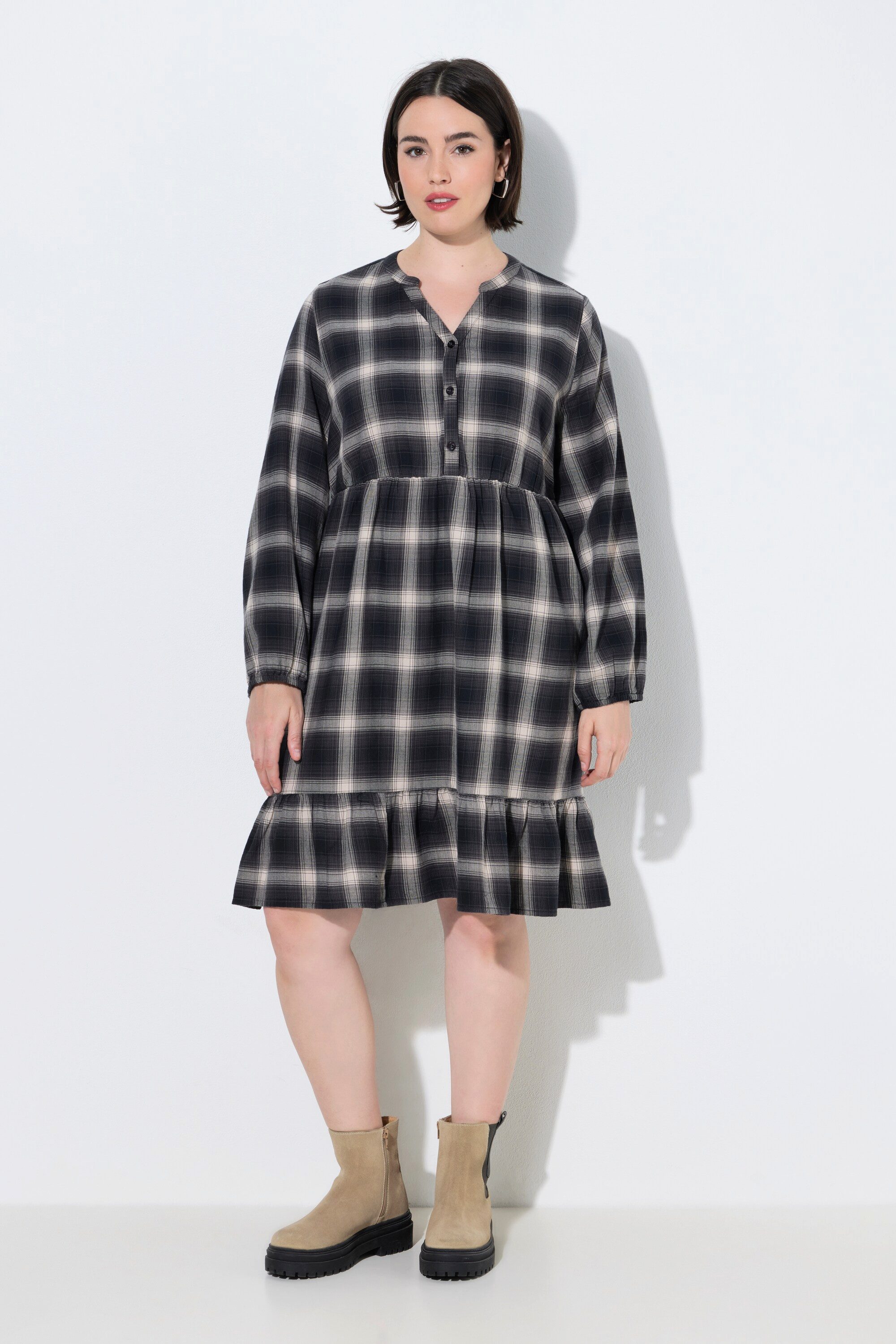 Jerseykleid Flanellkleid Karo A-Linie Tunika-Ausschnitt