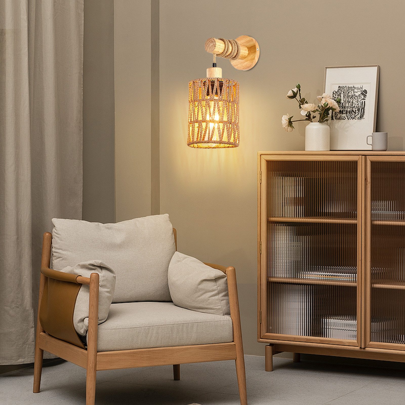 MUPOO LED Wandleuchte Vintage Innen Wandleuchte,E27 Retro Holz Wandlampe, Warmweiß Glühbirne, LED fest integriert, mit Rattan Lampenschirm,Handgewebte im Farmho – Bild 4 von 5