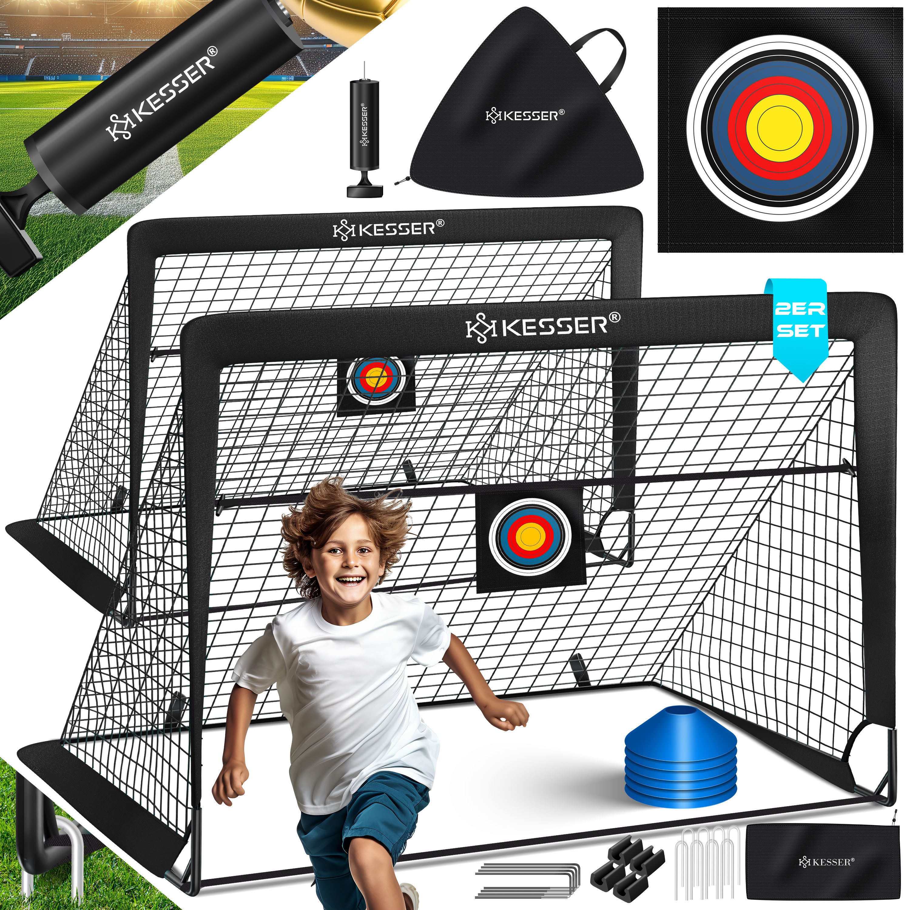 KESSER Fußballtor Set mit Tragetasche, Heringen, Zielscheibe, Hütchen & Pumpe, Pop-Up Tor mit Anti-Rutschfüßen – ideal für Training & Freizeitspiele