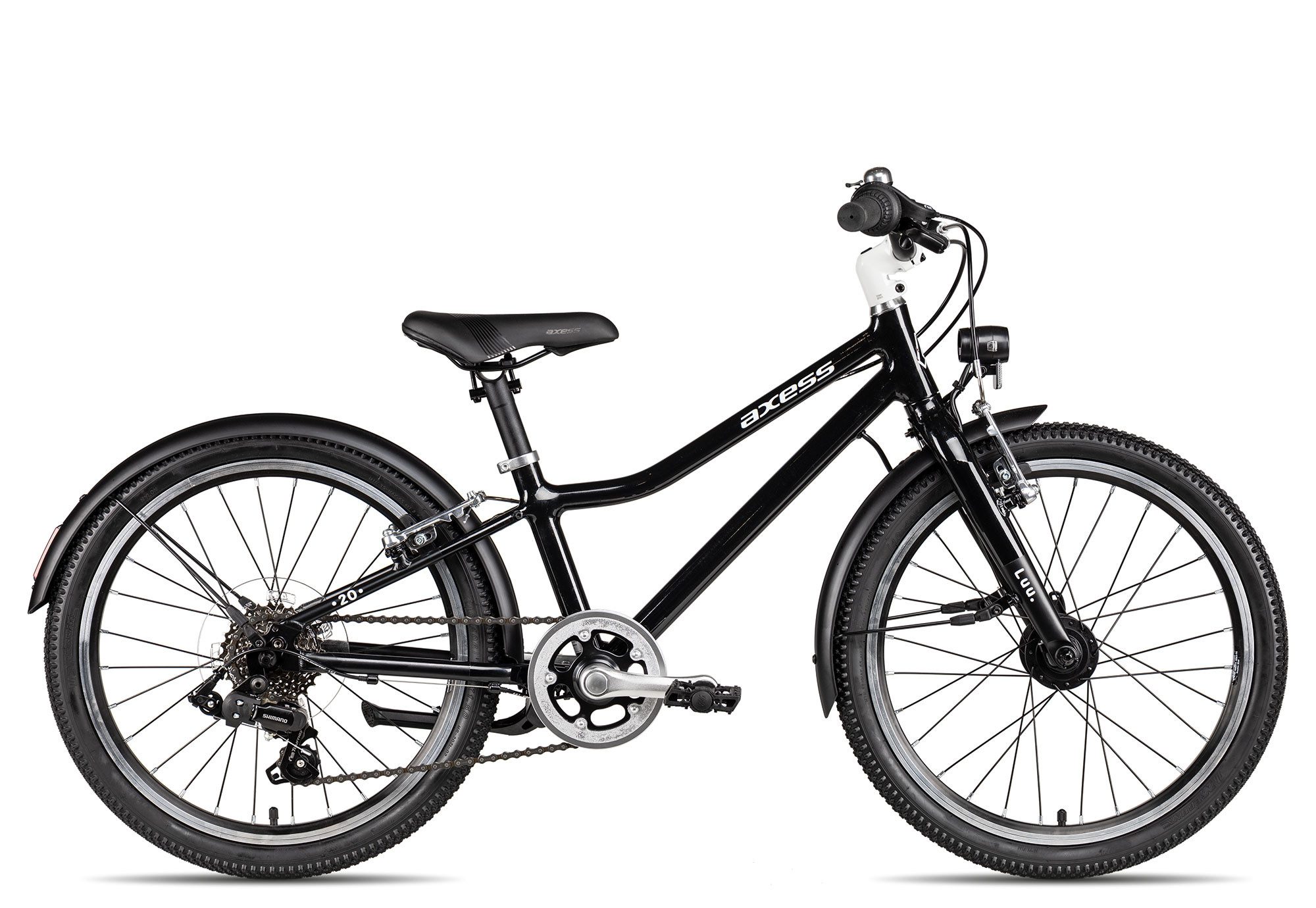 Axess Kinderfahrrad Axess LUU. 20 EQ, 7 Gang Shimano Tourney RD-FT35, Super Short Cage Schaltwerk, Kettenschaltung, besonders leichtes Kinderfahrrad schwarz/grau