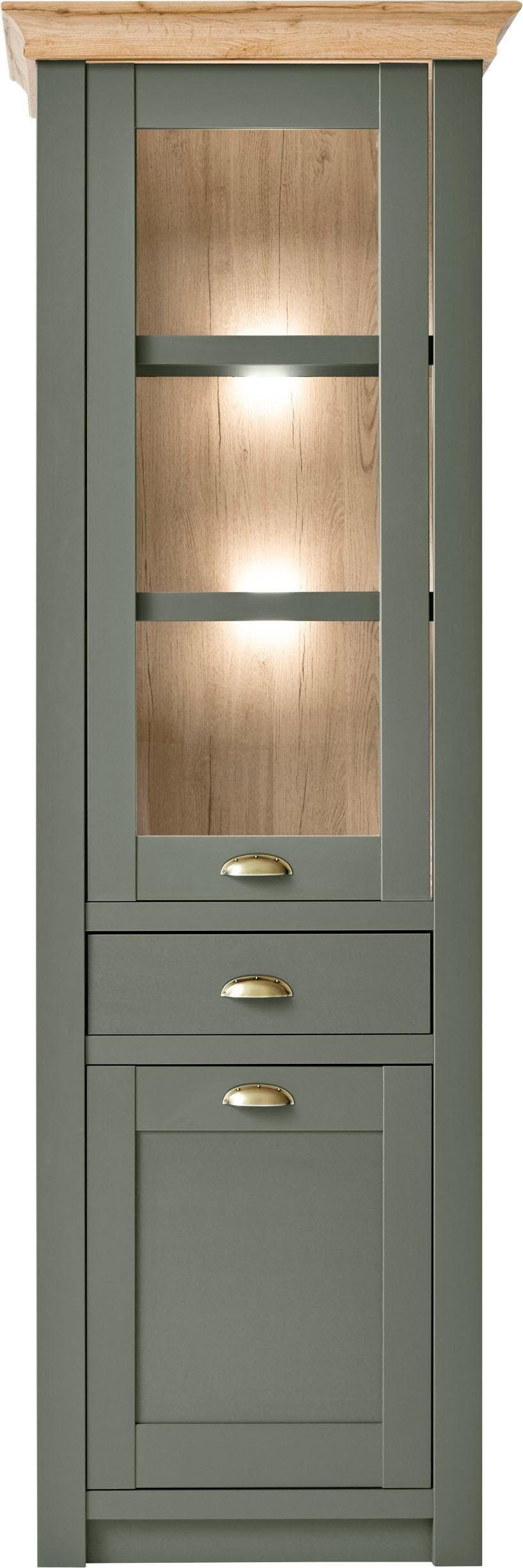 Home affaire Vitrine Cambridge, Hochschrank im Landhausstil, Glasvitrine schöne Kranzoptik, messingfarbene Metallgriffe, 207 cm hoch