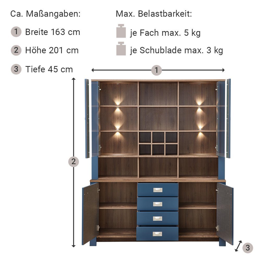 Lomadox Details blau Sideboard Essgruppe Landhaus Buffetschrank, in in Nb., DEVON-36, mit Eiche (Spar-Set),