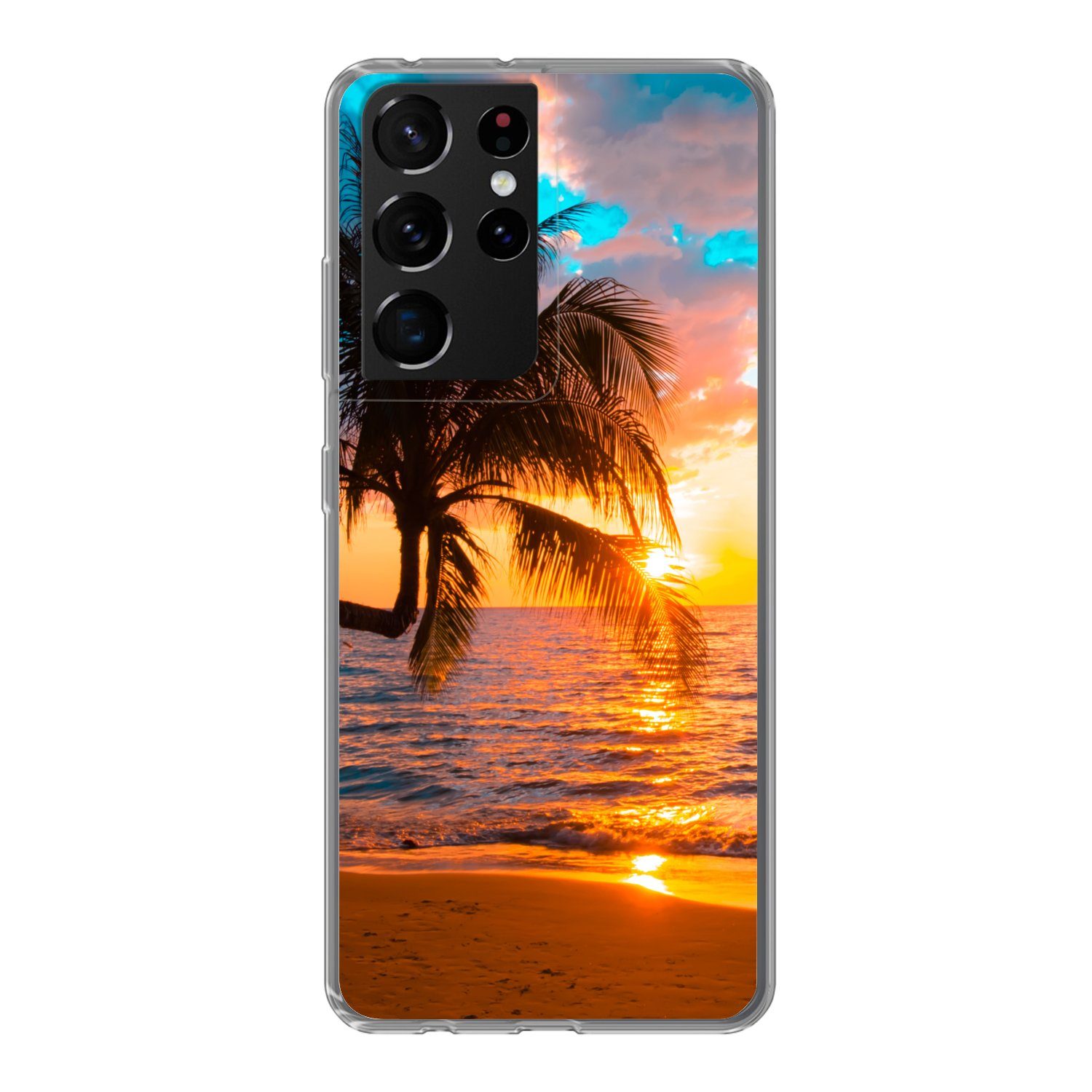 MuchoWow Handyhülle für Samsung Galaxy S21 Ultra Palme - Sonnenuntergang - Horizont - Stra, Phone Case, Silikon, Schutzhülle Dünn