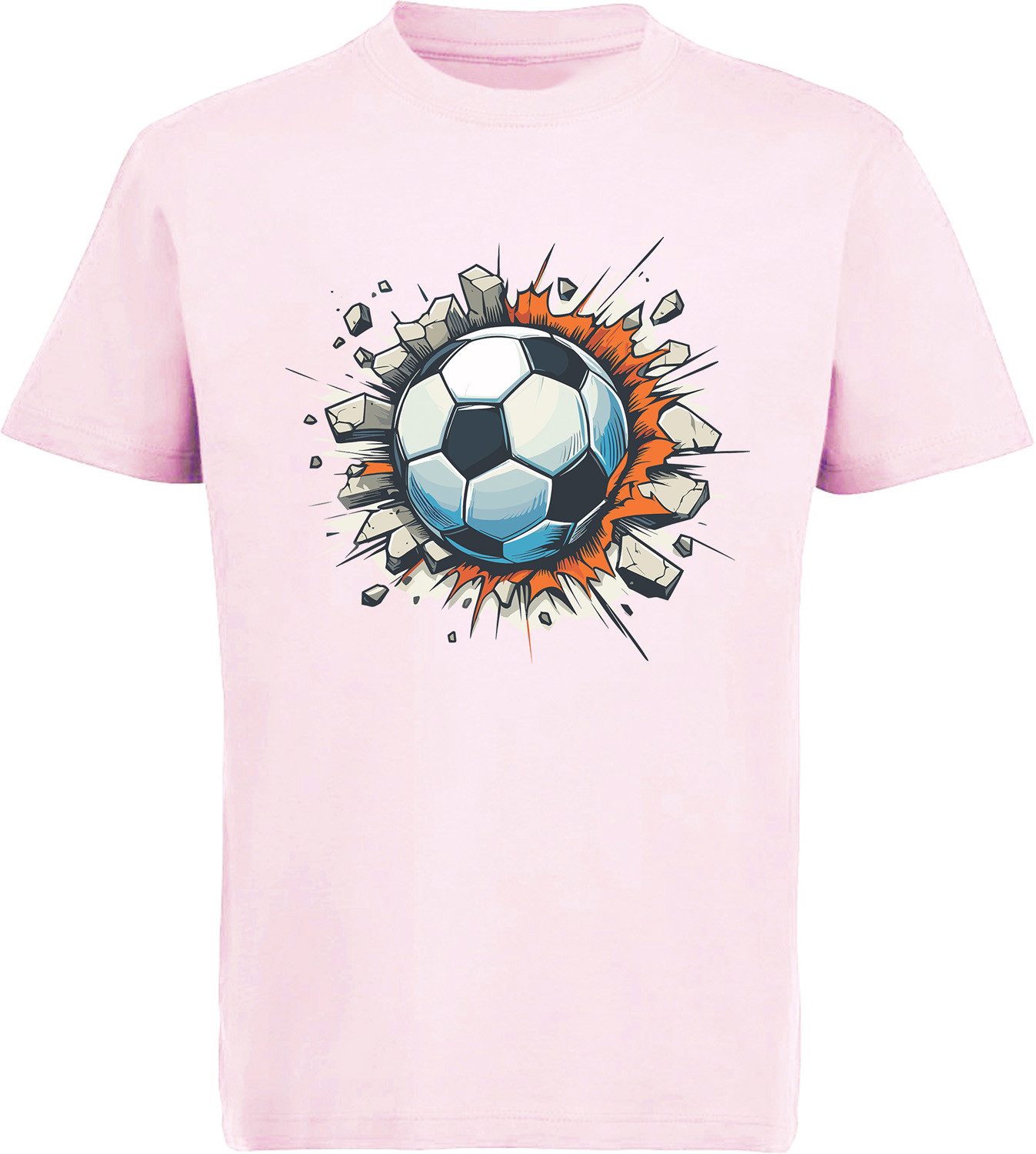 MyDesign24 T-Shirt Kinder Fussball Print Shirt - Fussball der durch Wand fliegt Bedrucktes Jungen und Mädchen Fussball T-Shirt i483