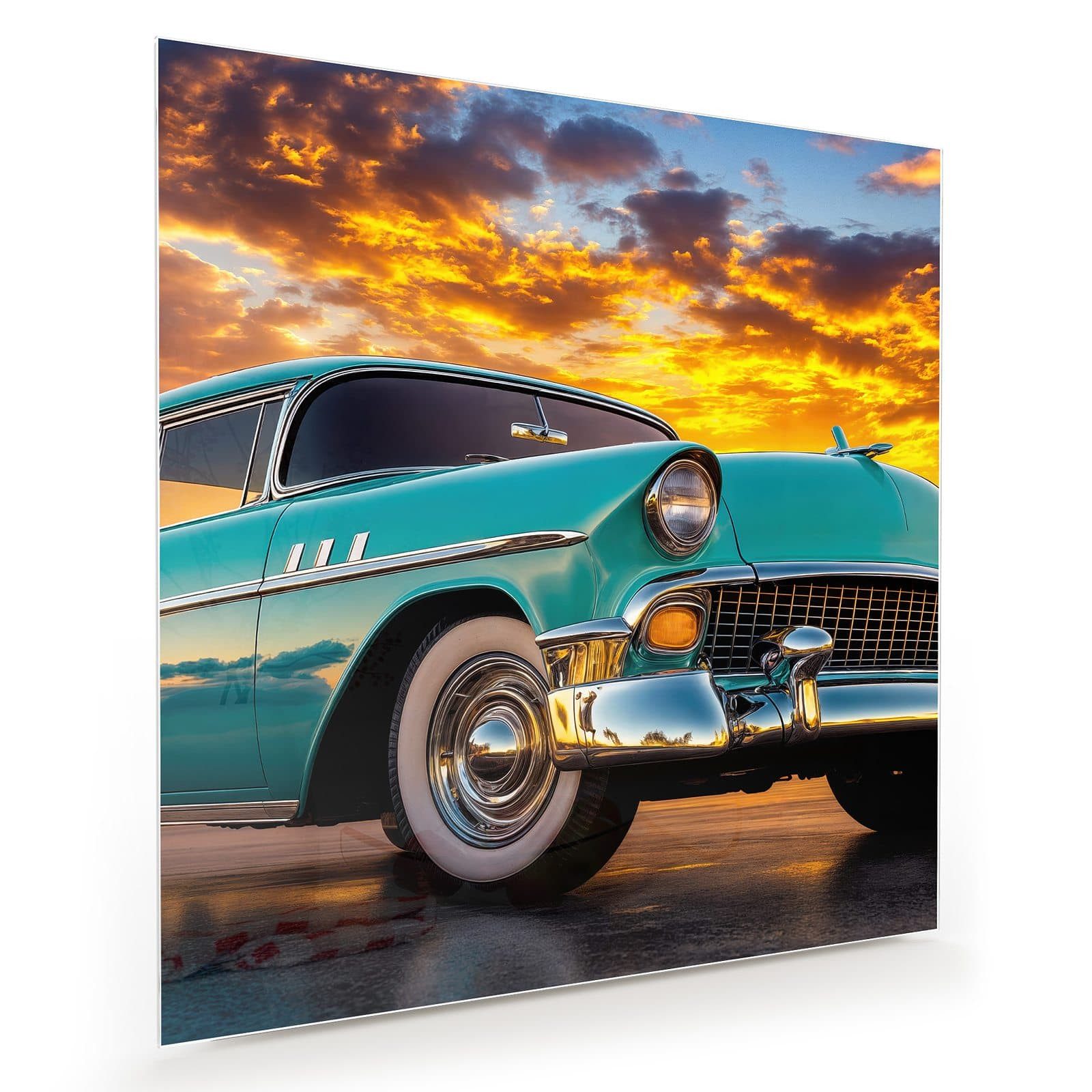 Primedeco Glasbild Wandbild Quadratisch Retro Oldtimer mit Aufhängung, Fahrzeuge (21 verschiedene Größen, 1 St), Elegante Aufhängung