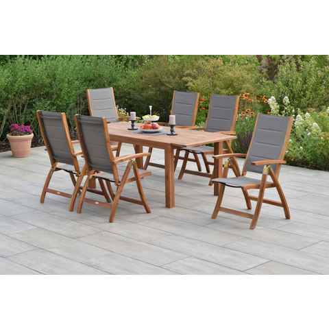 MERXX Garten-Essgruppe Acapulco, (Set 7-teilig, Tisch, 6 Klappsessel, Akazienholz mit Textilbespannung), mit ausziehbarem Tisch