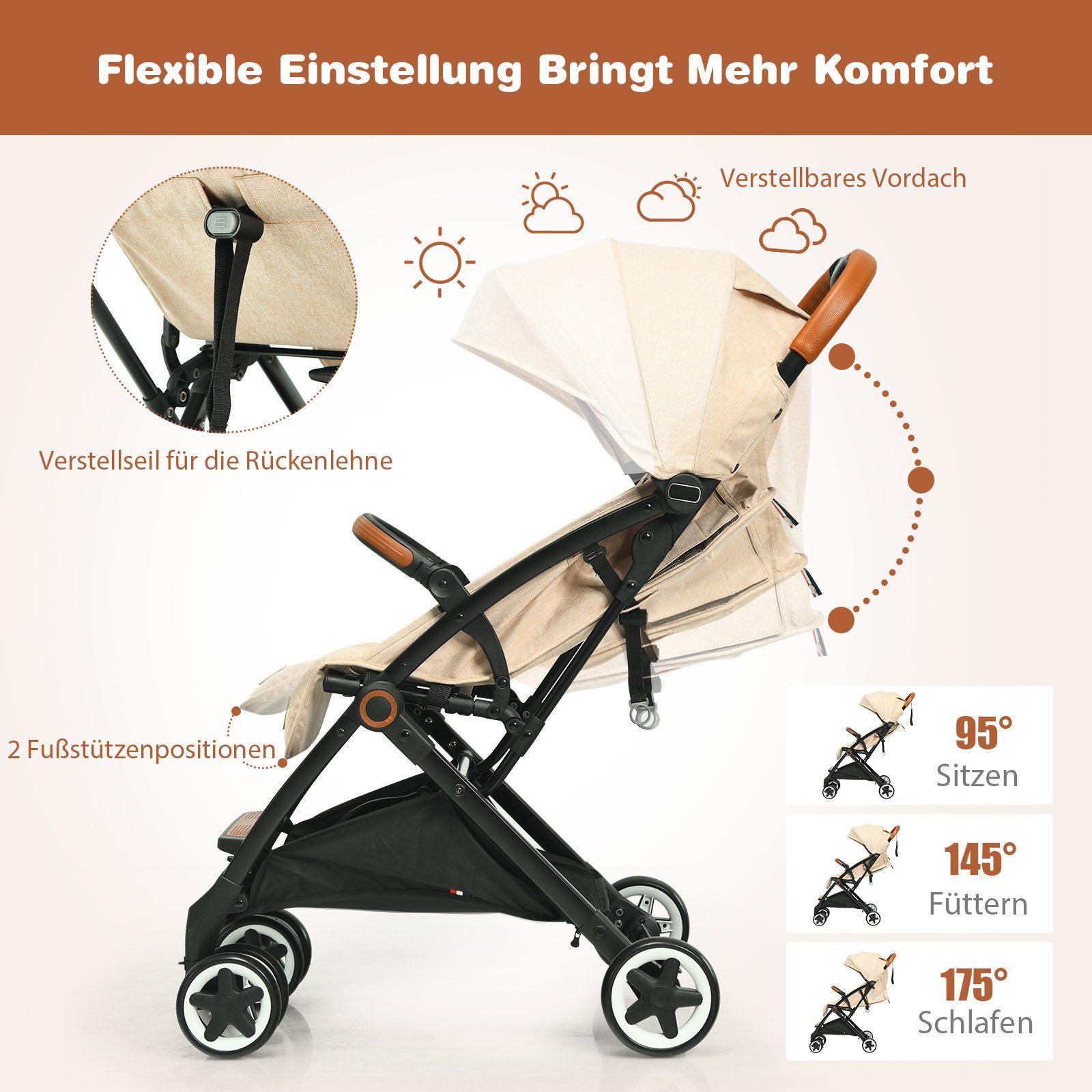 COSTWAY Kinder-Buggy Sportbuggy, (1-tlg), 0-3 Jahre, mit 5-Punkt-Sicherheitsgurt