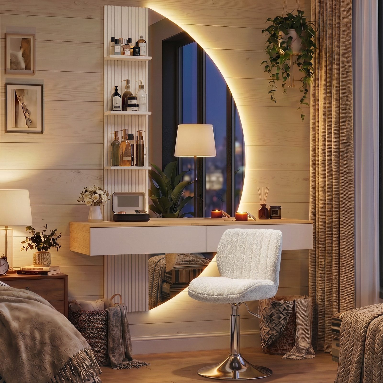 HOMALL Schminktisch Hängender Schminktisch mit LED-Beleuchtung (Maße: 106 × 40 × 143 cm, mit 3 offenen Ablagefächern, 2 Schubladen und drei einstellbaren Farbtemperaturen)