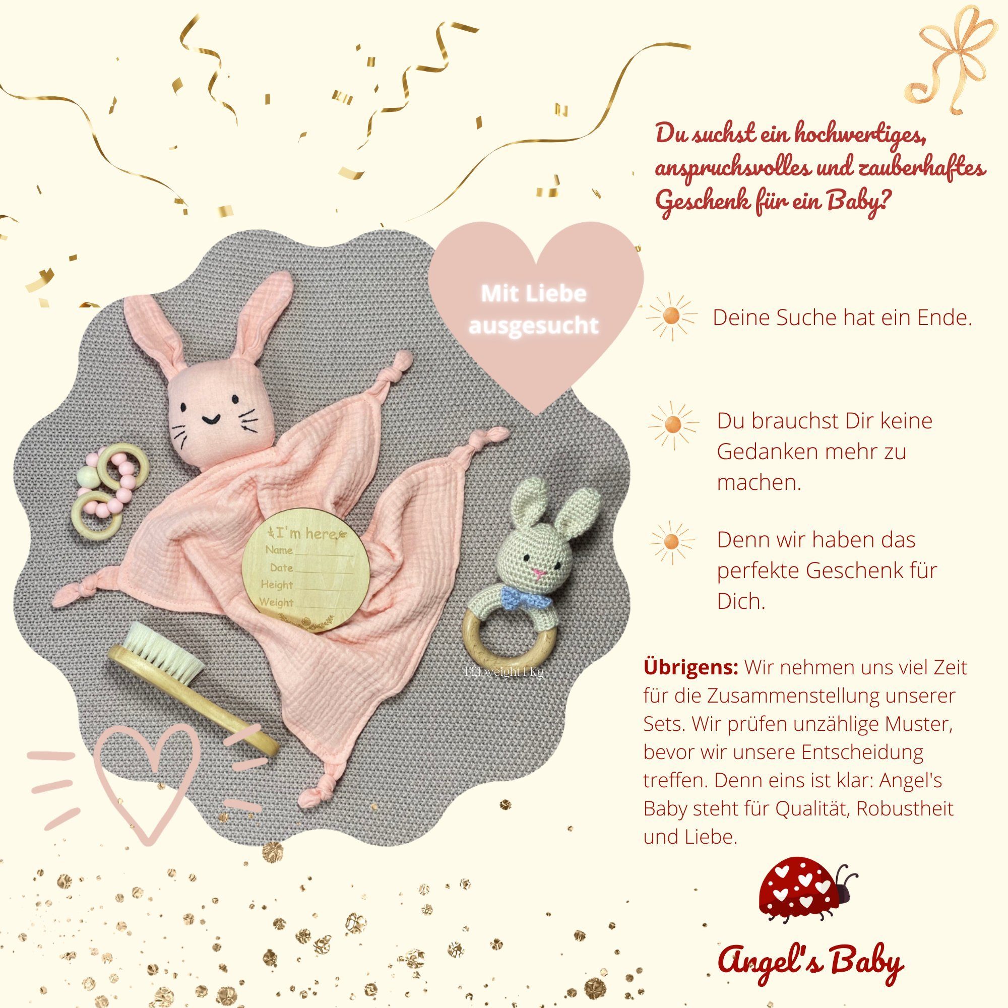 Angel's Baby Neugeborenen-Geschenkset Babyrassel + Teile zur 5 Grußkarte, niedlichem gratis Blau mit Design mit Schnuffeltuch, Geschenkverpackung Geschenk in Baumwolle, Geburtskarte) Beige und 5-tlg., (Set, Geburt