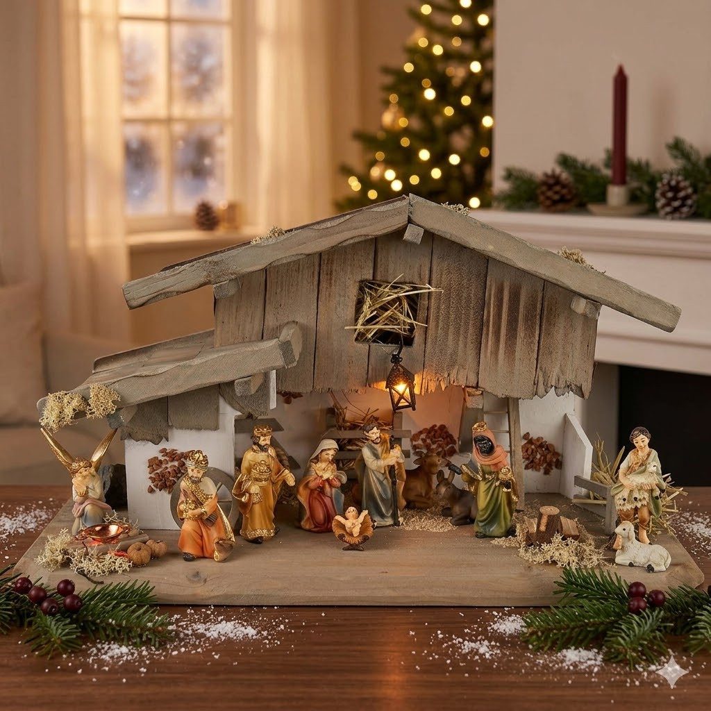 Krippenursel Krippe Weihnachtskrippe Eismannsberg inkl. 12-tlg. Figurensatz K 181 (12-tlg), Handarbeit aus Holz,Moos,Heu,Krippenputz