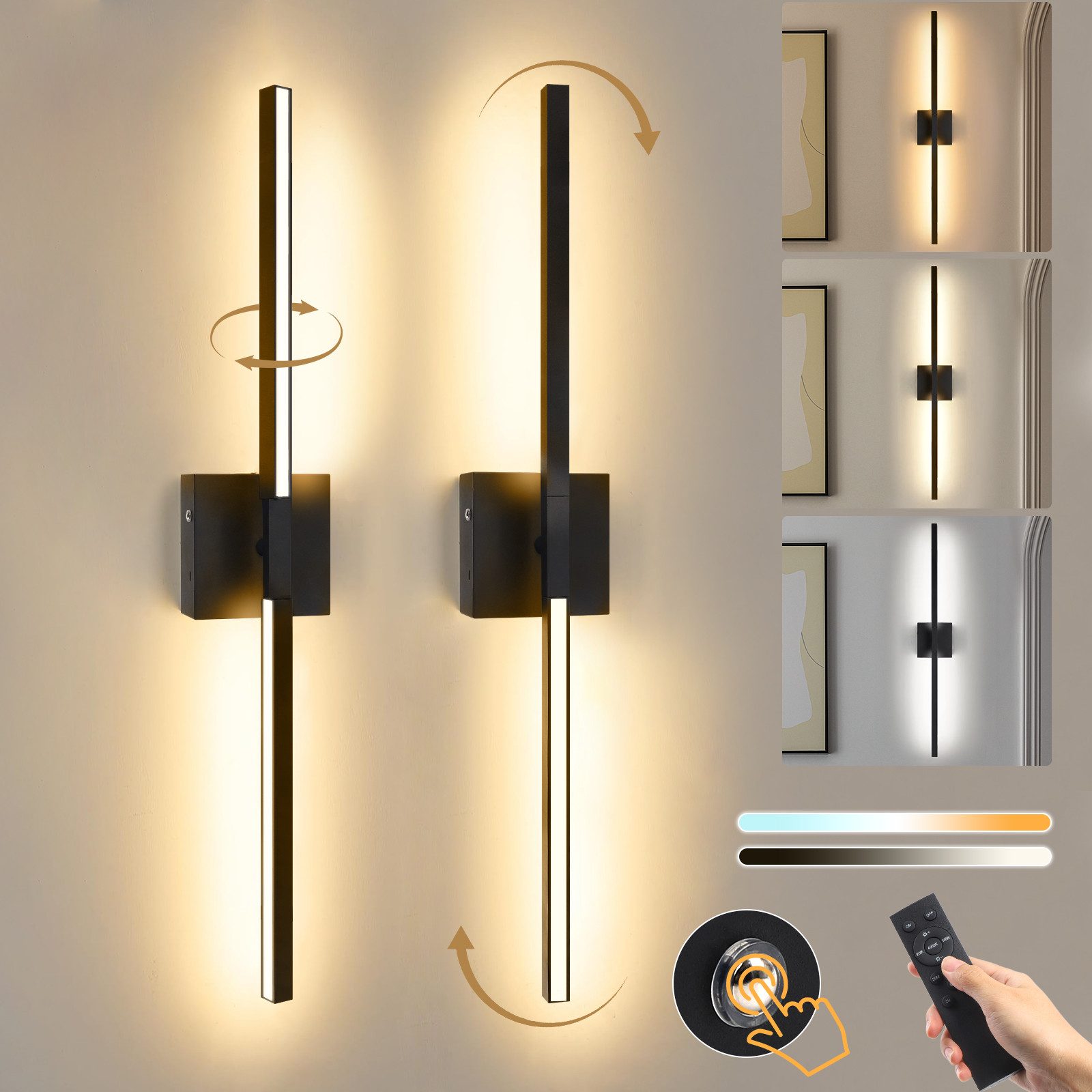 Lapalife Wandleuchte Akku wandlampe innen kabellos, Dimmbar, 3 Farbtemperaturen, Timer, LED fest integriert, Mit Fernbedienung und Touch, 360° Drehbare Touch Nachttischlampe