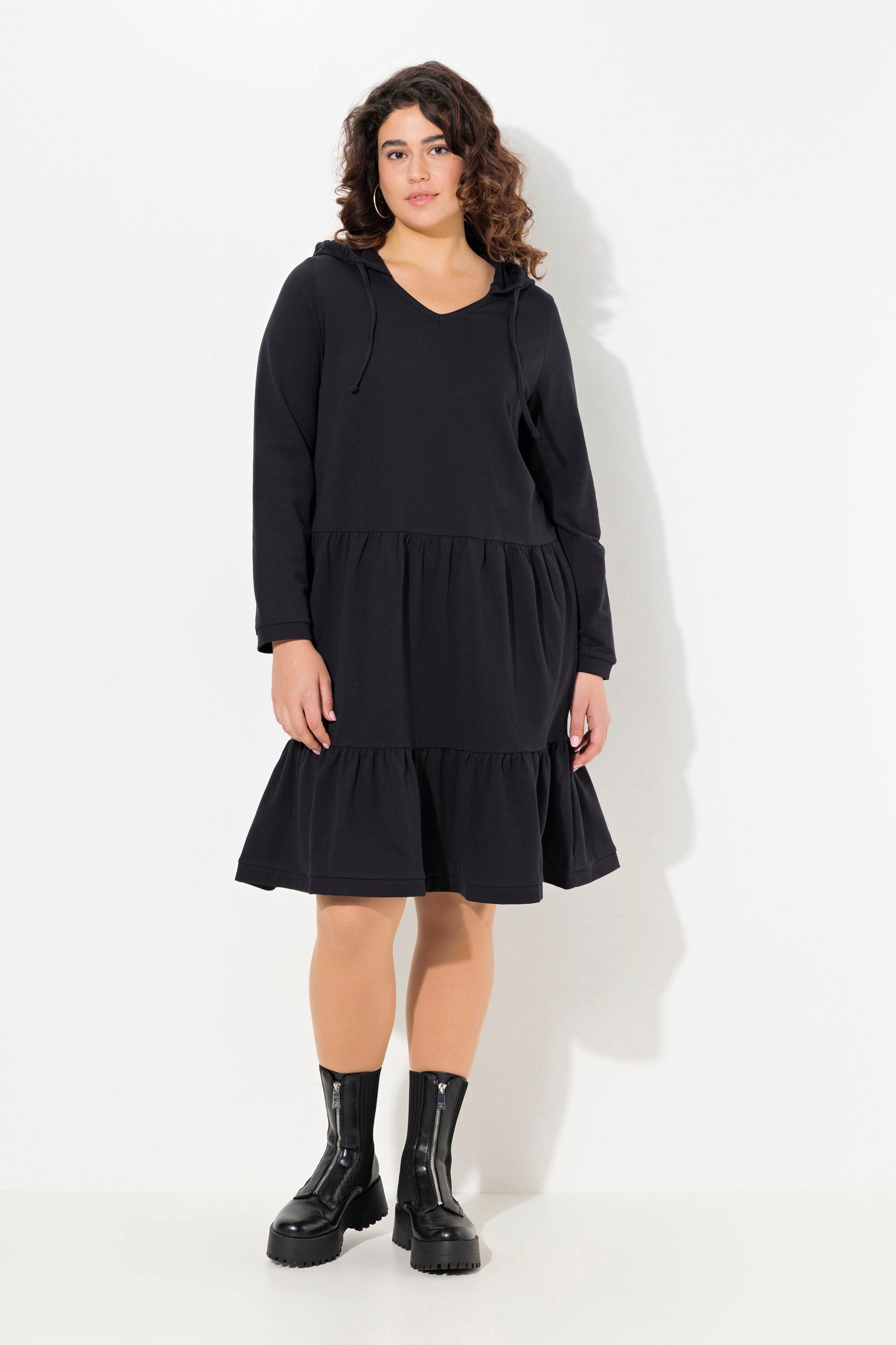 Midikleid Sweatkleid Kapuze A-Linie V-Ausschnitt Langarm