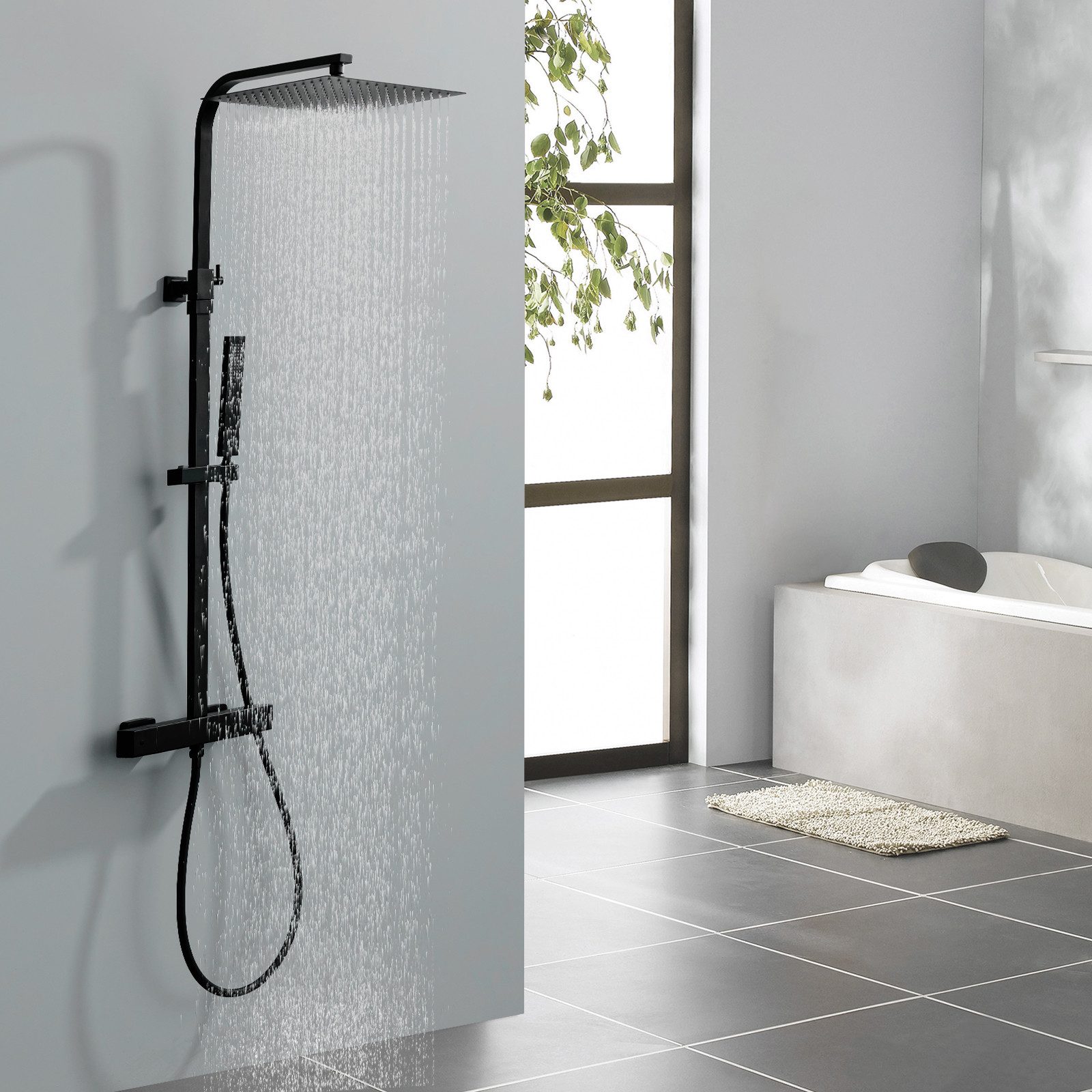HOMELODY Duschsystem 30x30cm eckig Regenduschset mit Kopfbrause, 2 Strahlart(en), Wandmontage mit Thermostat Regendusche Chrom/Schwarz Quadratisch