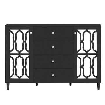 Merax Sideboard mit Spiegelelementen und geometrischem Trellis-Muster, Kommode mit vier Schubladen und Spiegelfront, Anrichte, Breite:147cm