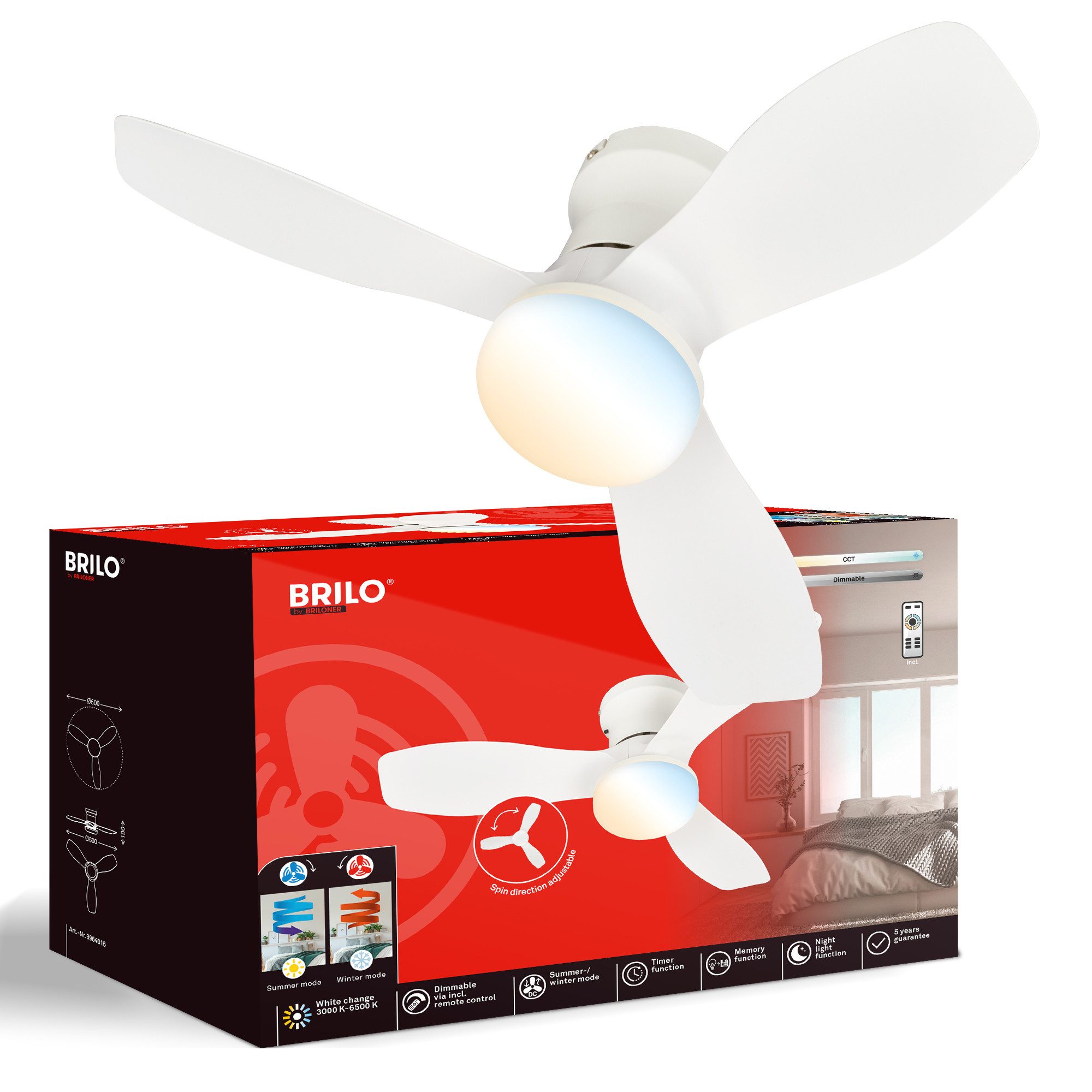 Briloner Leuchten LED Deckenleuchte mit Ventilator dimmbar CCT Deckenventilator mit Licht Schlafzimmer, LED fest integriert, CCT, 3000-6500K, 78x26 cm, Schlafzimmer, Wohnzimmer, Esszimmer, Flur, Küche