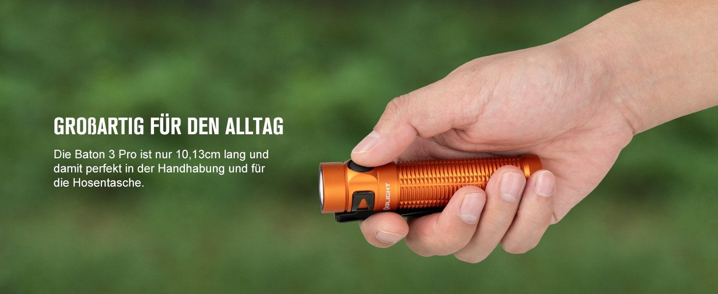 OLIGHT Taschenlampe Baton 3 aufladbar, 175 1500 Pro Hell Orange Extrem Hell Kaltweiß Taschenlampe, 6 Lumen LED 1500 Lichtmodi Meter, mit Extrem USB Lumen