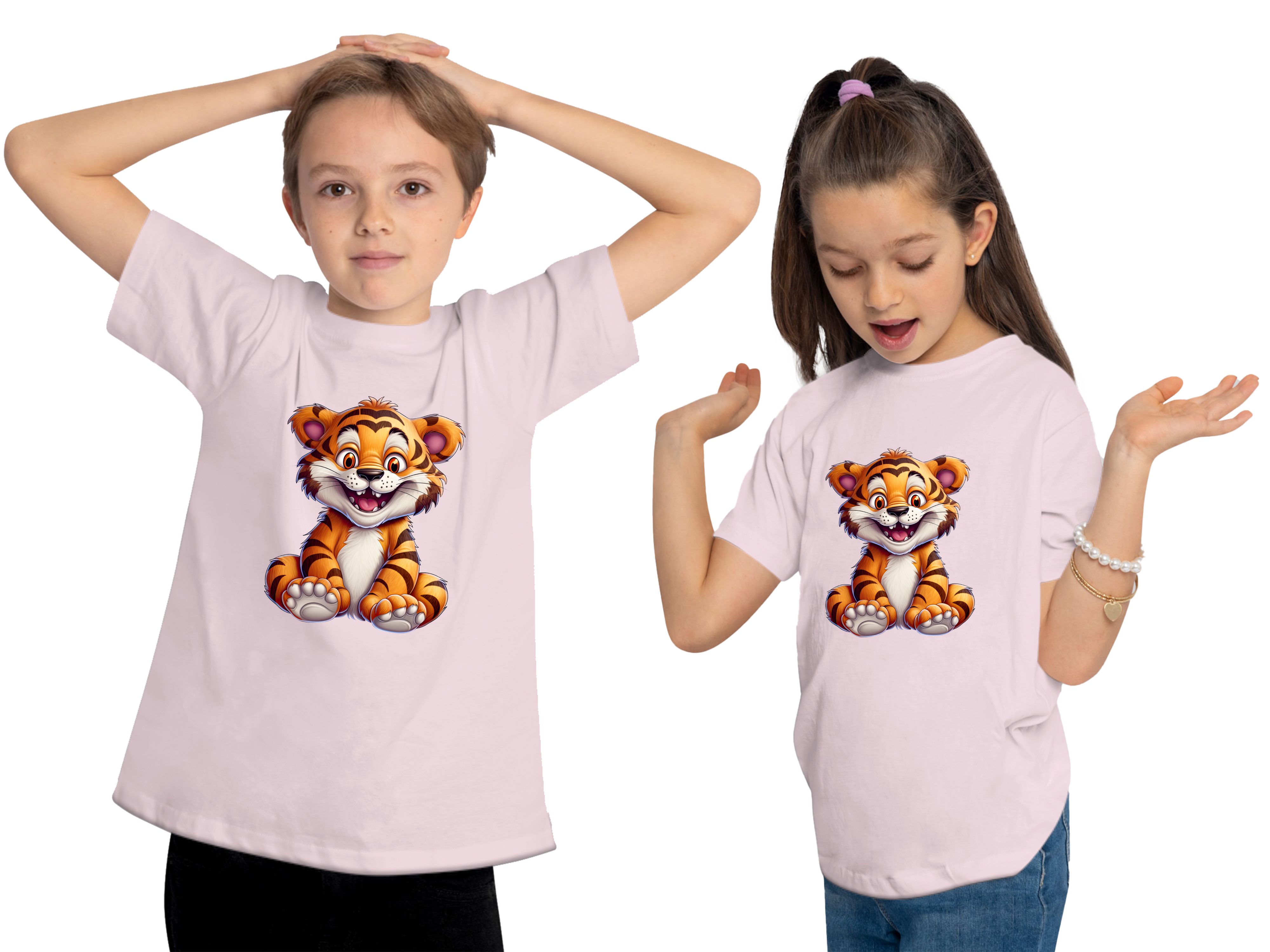 MyDesign24 T-Shirt Kinder i278 - Aufdruck, Tiger Shirt Print mit bedruckt rosa Baby Wildtier Baumwollshirt