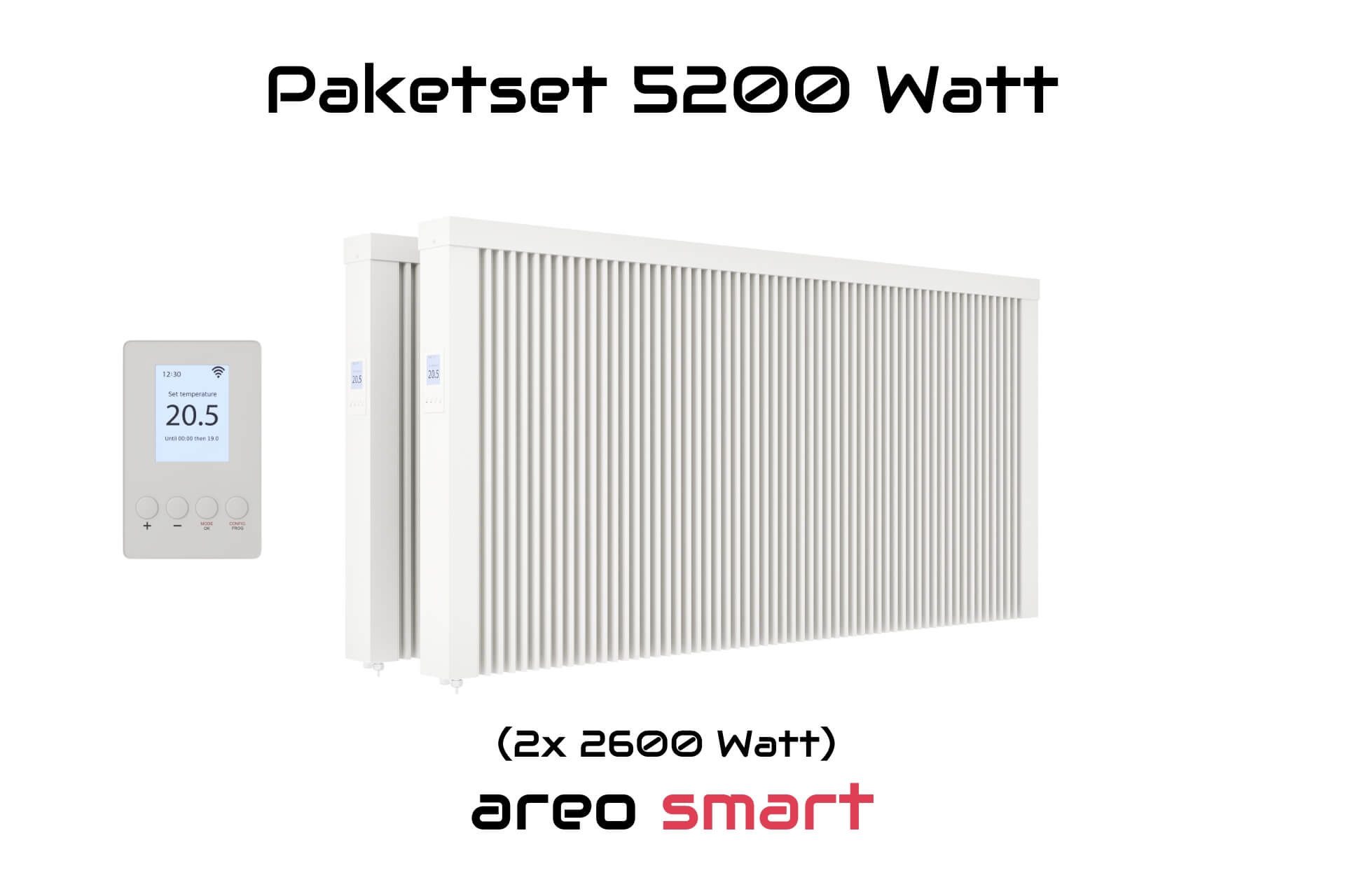 eVARMO Elektro-Heizkörper Paketset nach Wattzahl Flächenspeicherheizung areo smart, Digitales Thermostat mit LCD-Display und 4 Knöpfen