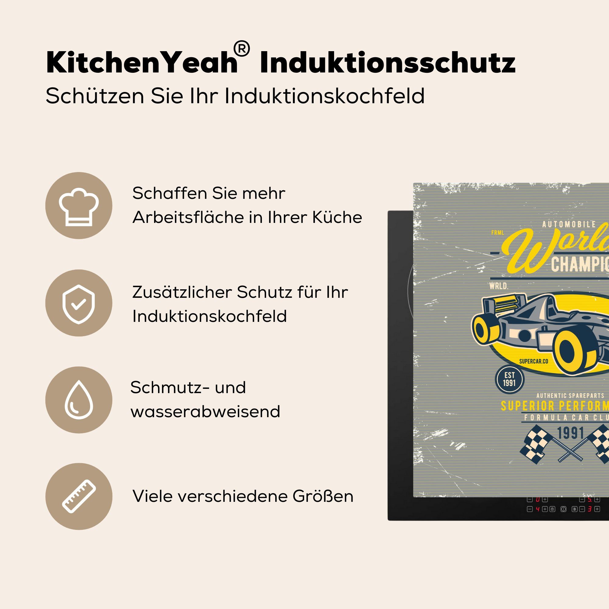 cm, Retro, küche Herdblende-/Abdeckplatte (1 tlg), Arbeitsplatte Vinyl, für Rennwagen Ceranfeldabdeckung, 78x78 Flagge - MuchoWow -