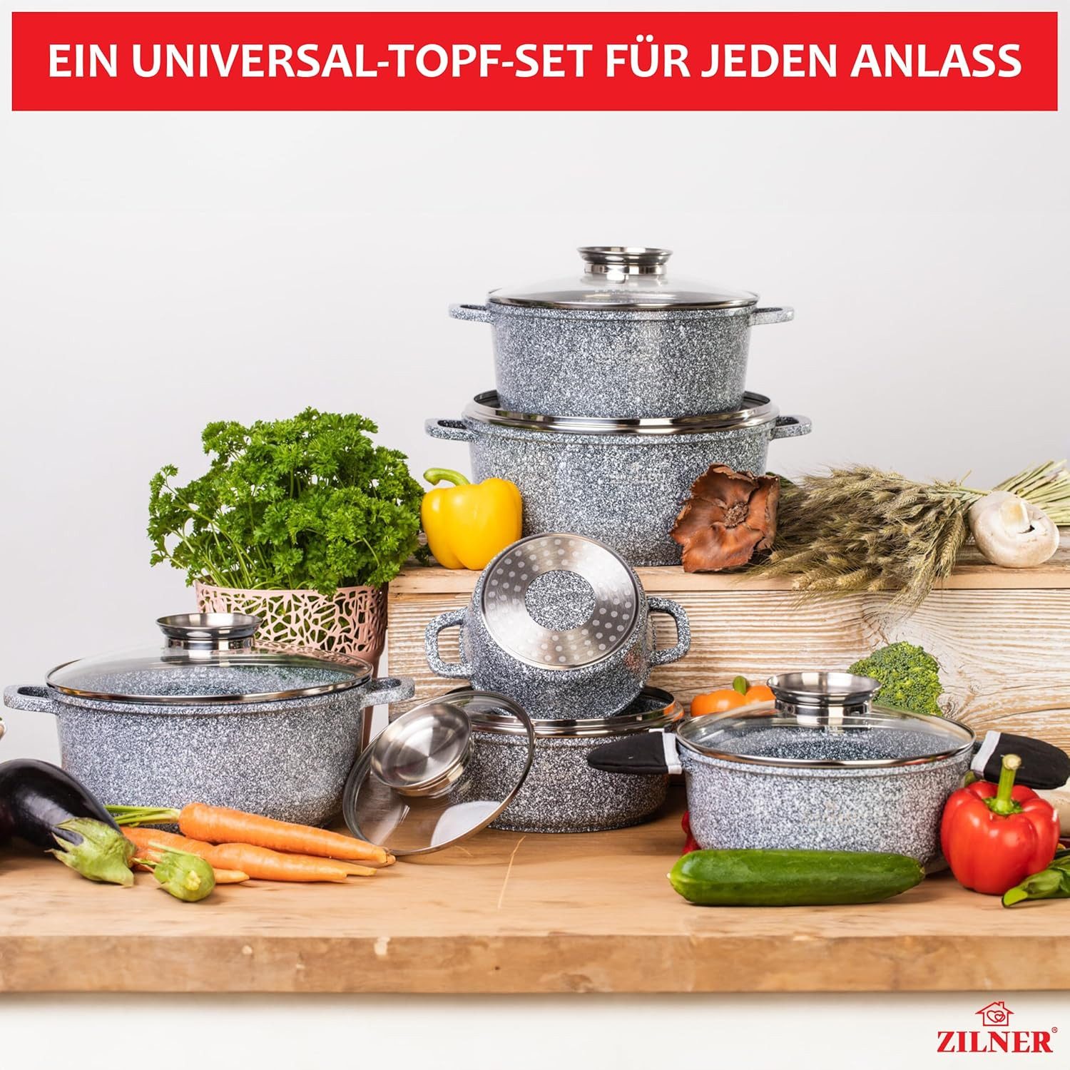 Zilner Topf-Set Set von sechs schönen grauen steinüberzogenen Töpfen, Aluminium, Keramik, Edelstahl, Aluminiumguss (Passt in jede Küche! 1.3L / 2.3L / 2.3L / 3. – Bild 4 von 5