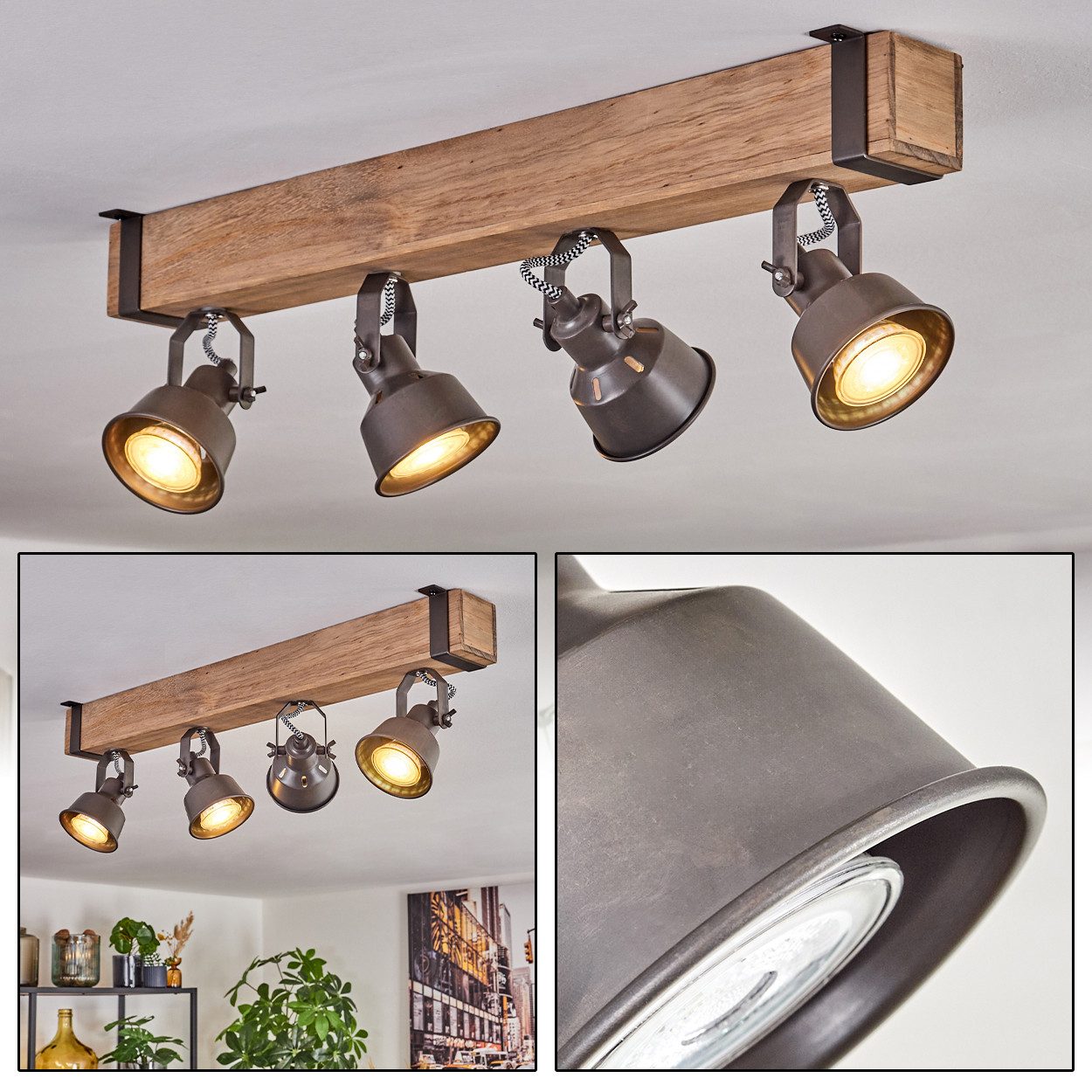 hofstein Deckenleuchte Deckenlampe verstellbar aus Metall/Holz in Grau/Naturfarben, ohne Leuchtmittel, Deckenleuchte im Industrial/Retro/Vintage-Design m. Holzbalken, 4xGU10