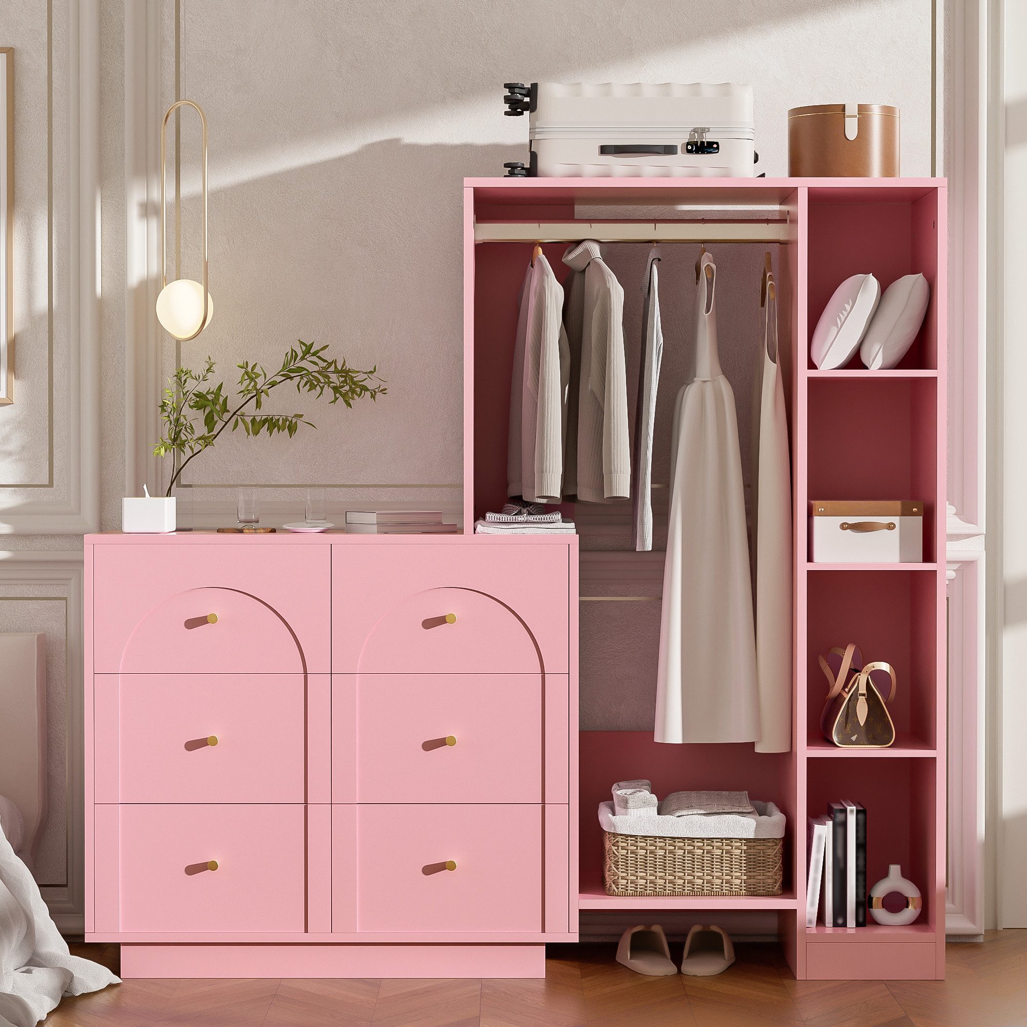 Flieks Garderoben-Set Garderobenständer Kleiderschrank & Kommode mit 6 Schubladen, (B139xT35xH133 cm, mit verstellbaren Einlegeböden), Kompaktgarderobe Garderobenschrank Kleiderstange Flurmöbel Weiß