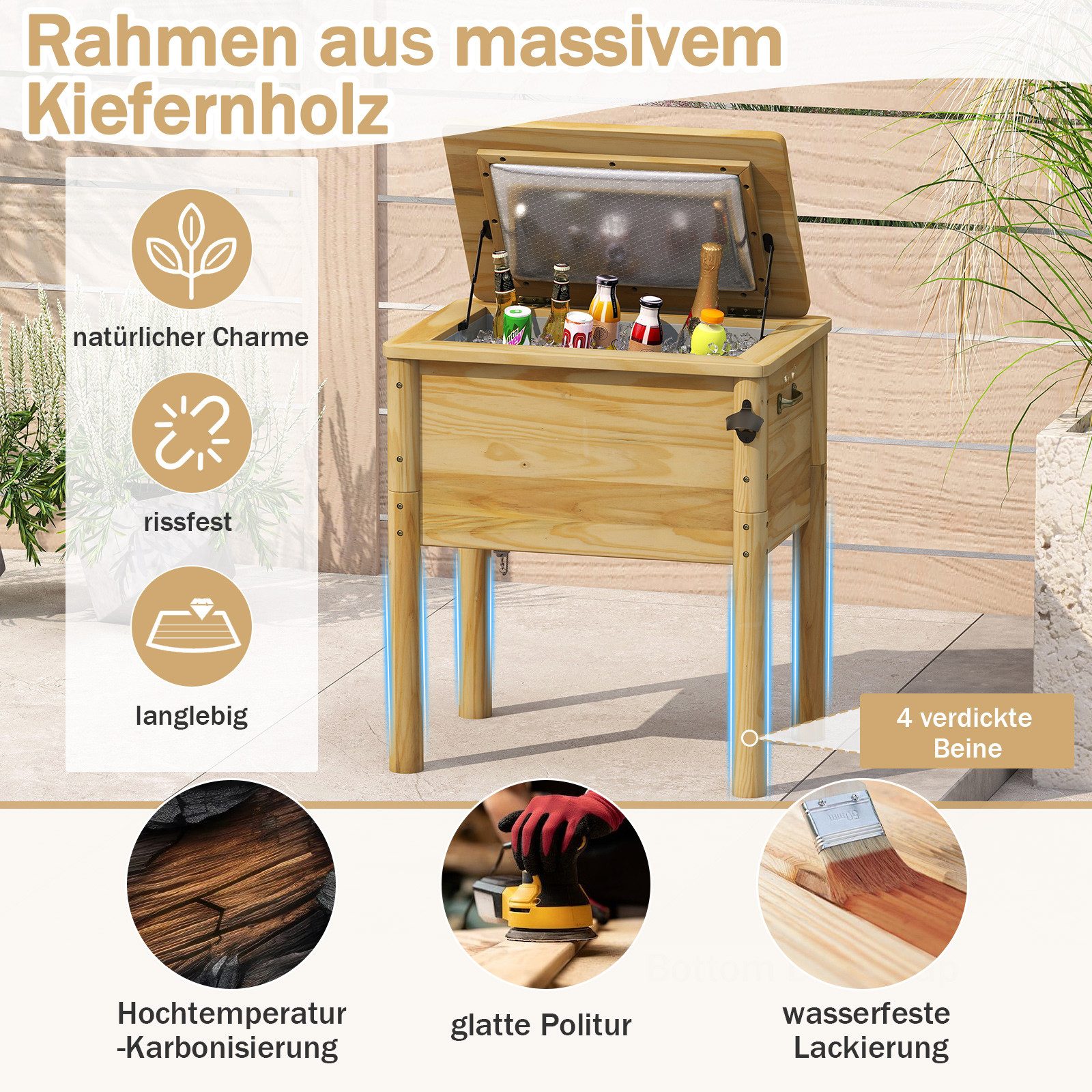COSTWAY Kühlbox, 51 l, Holz-Terrassenkühler, Outdoor-Getränkekühler