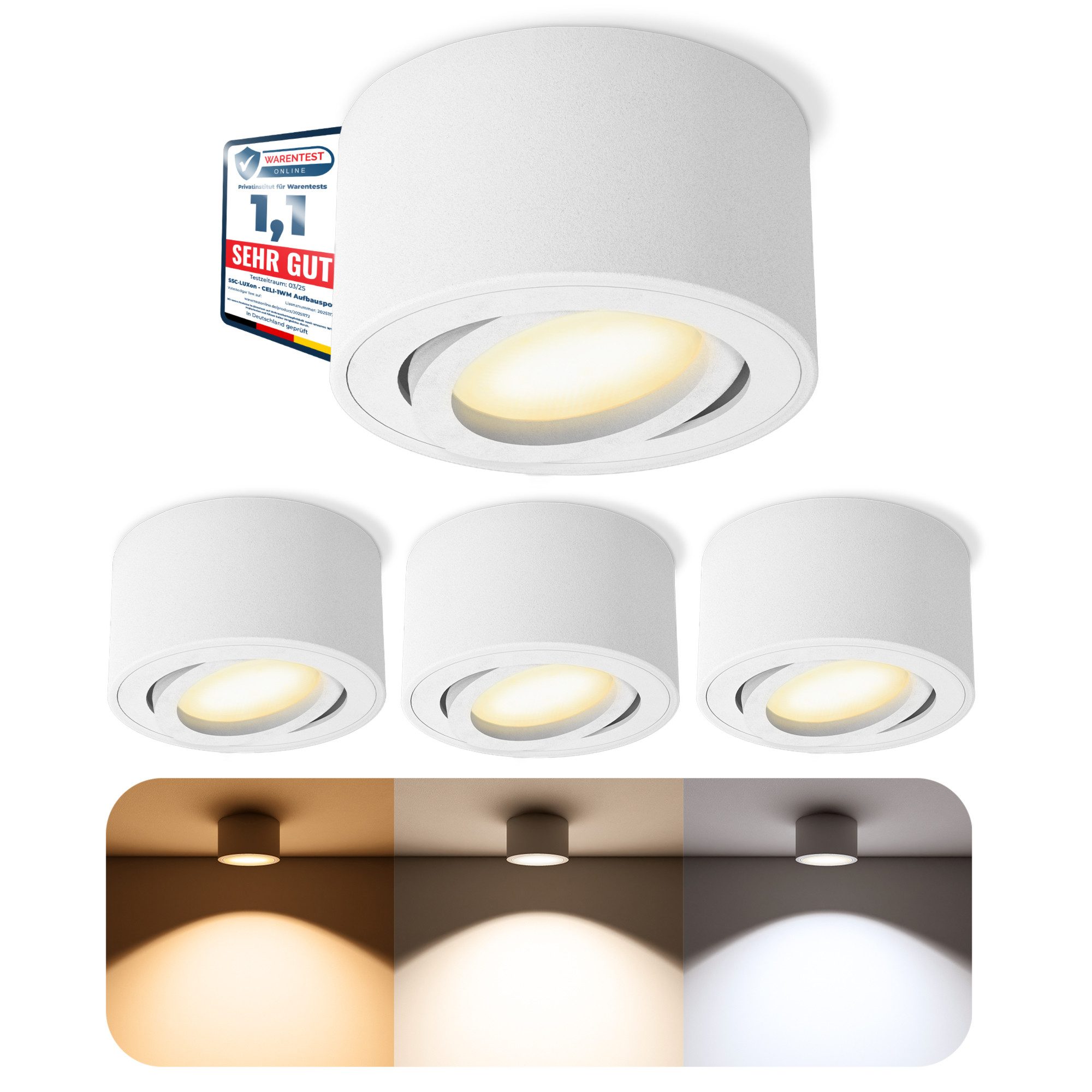 SSC-LUXon LED Aufbaustrahler CELI-1WM Aufbauspot flach schwenkbar mit LED Modul 4W warmweiss 230V, Warmweiß bis Tageslicht