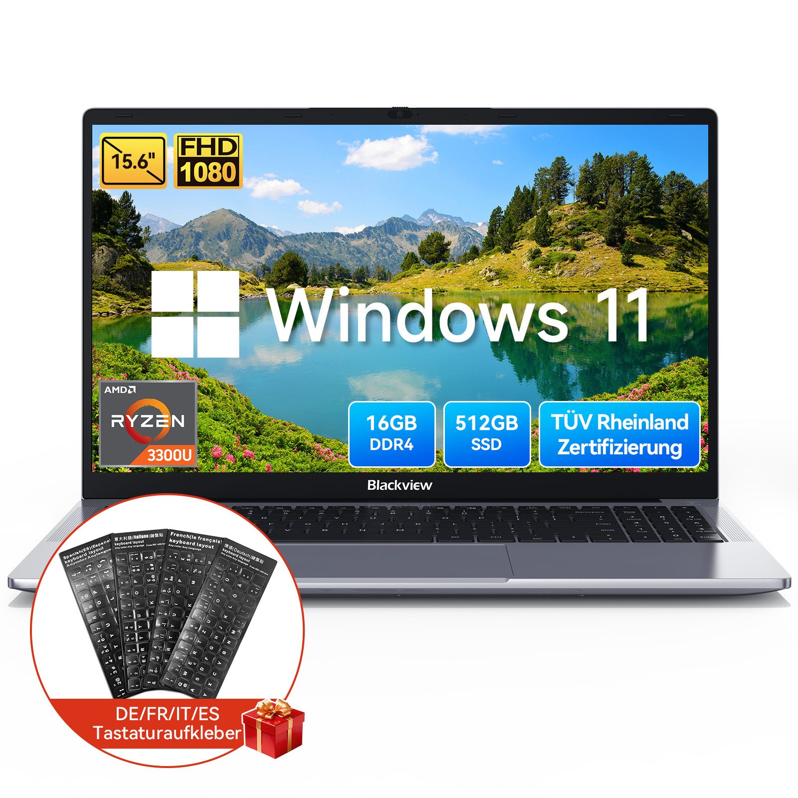 blackview 15,6" Acebook6 AMD Ryzen Laptop 16GB RAM 512GB SSD Win 11 Notebook (Radeon Ryzen 3300U AMD Ryzen 3300U, 16 GB, 512 GB SSD, 180° Drehung/Deutsche Tastaturaufkleber/Low Blue Light-Zertifizierung)