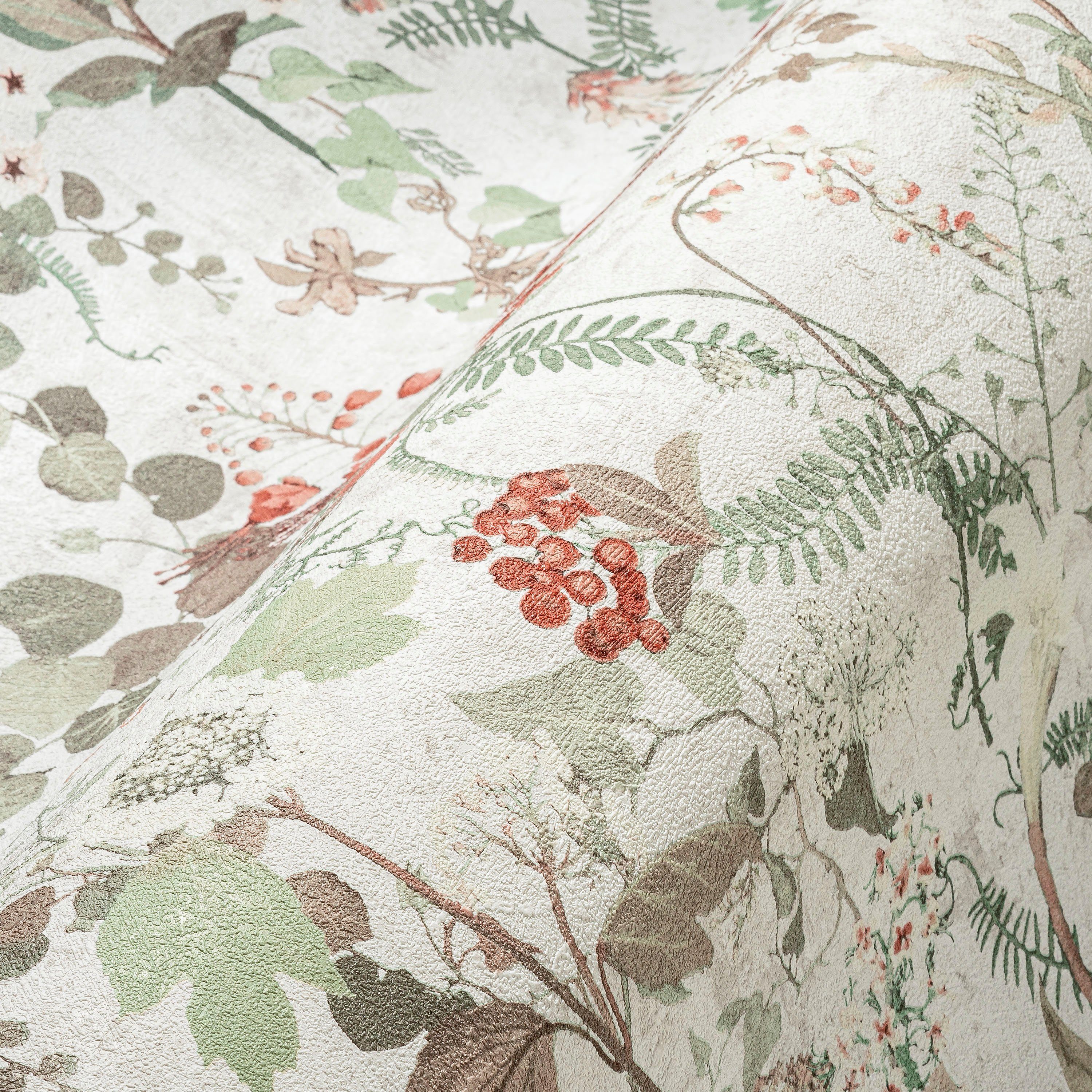 A.S. Création Vliestapete THE BOS Landhaus Blumentapete, strukturiert, gemustert, matt, neutral, (1 St), Pflanzen Floral Tapeten Wohnzimmer Schlafzimmer Küche Design Optik