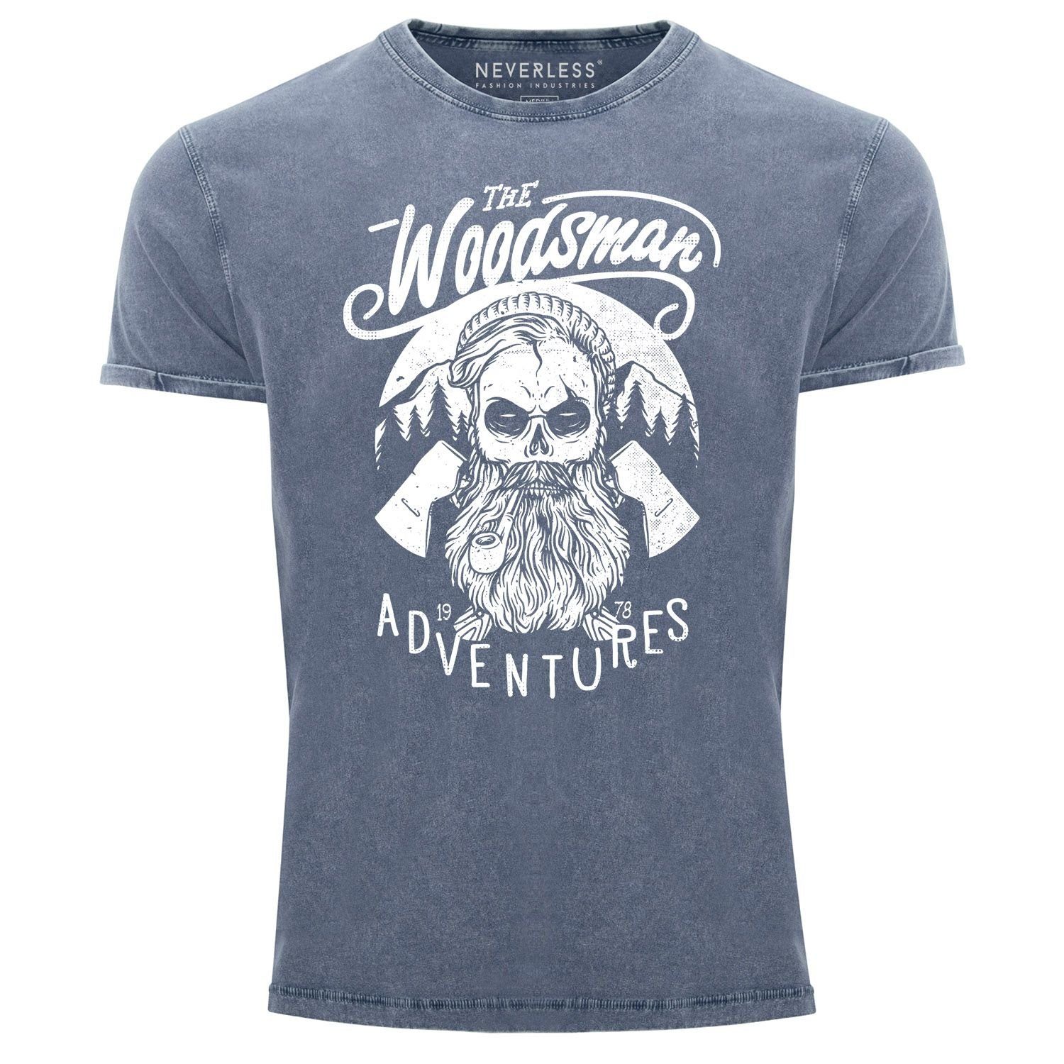 Neverless Print-Shirt Cooles Angesagtes Herren T-Shirt Vintage Shirt Lumberjack Woodsman Hipster Bart Skull Aufdruck Used Look Slim Fit Neverless® mit Print blau