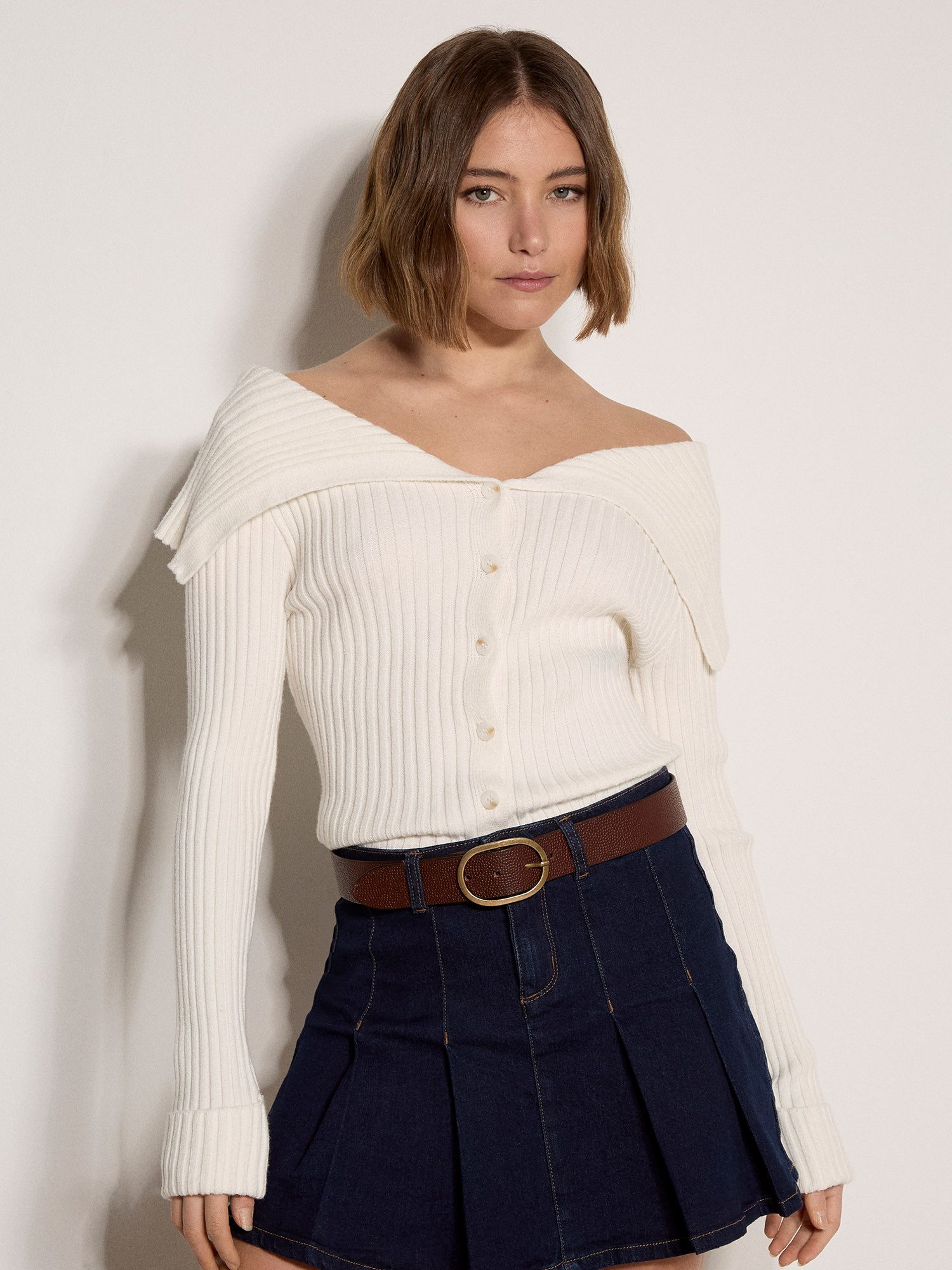 Apricot Cardigan Strickjacke mit breitem Kragen und Rippmuster Einfarbig günstig online kaufen