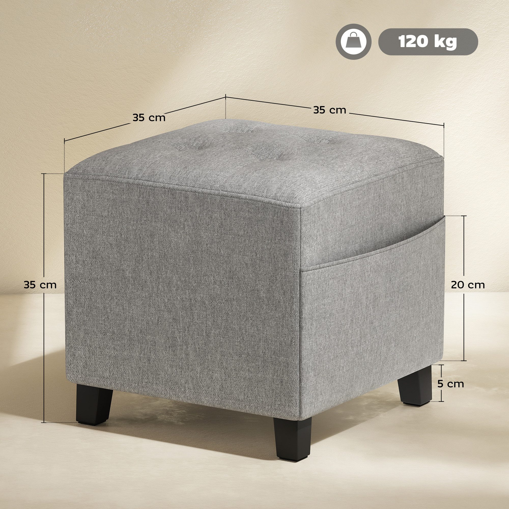 HOMCOM Fußhocker Hocker quadratischer Sitzhocker mit Seitentasche (Ottoman, 1 St., Polsterhocker), für Schlafzimmer, Wohnzimmer, 35 x 35 x 35 cm, Hellgrau