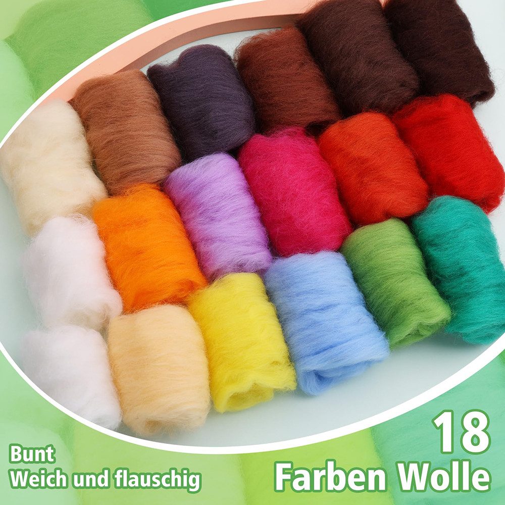 CLTYQ Kreativset 18 Farben Filzwolle, Nadel-Filz Starterset mit Filznadeln,DIY-Basteln, für Trockenfilzen,Filzwoll-Roving und Filzwerkzeug, für DIY-Basteln