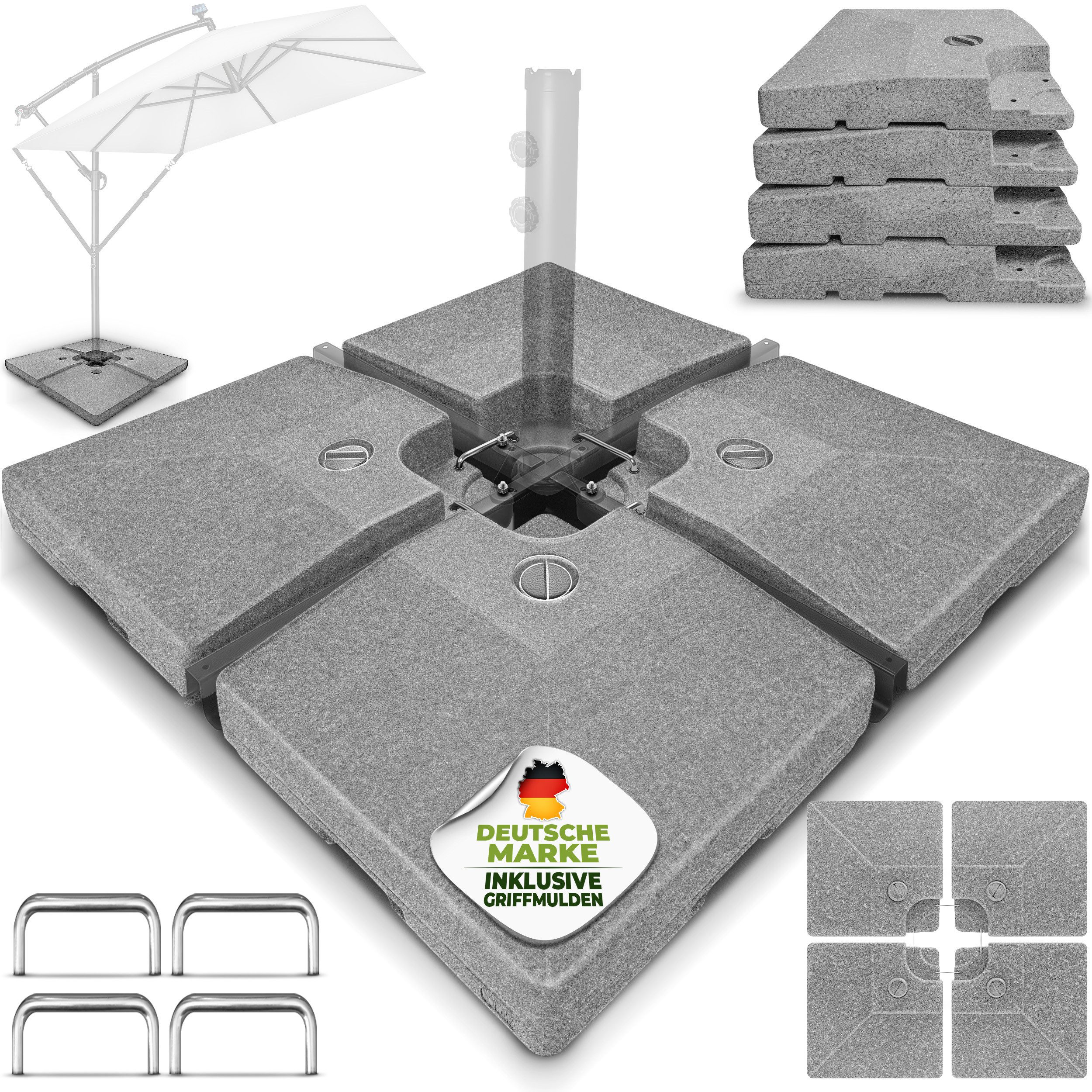 tillvex Sonnenschirm tillvex® Sonnenschirmständer 90L / 120kg Schirmständer Schirmgewicht, Schirmständer Ampelschirmständer wetterfest, inkl. Metallverbinder Schirmgewicht befüllbar, Sonnenschirmständer 60 Liter / 80 kg – 4-teilig für Ampelschirm
