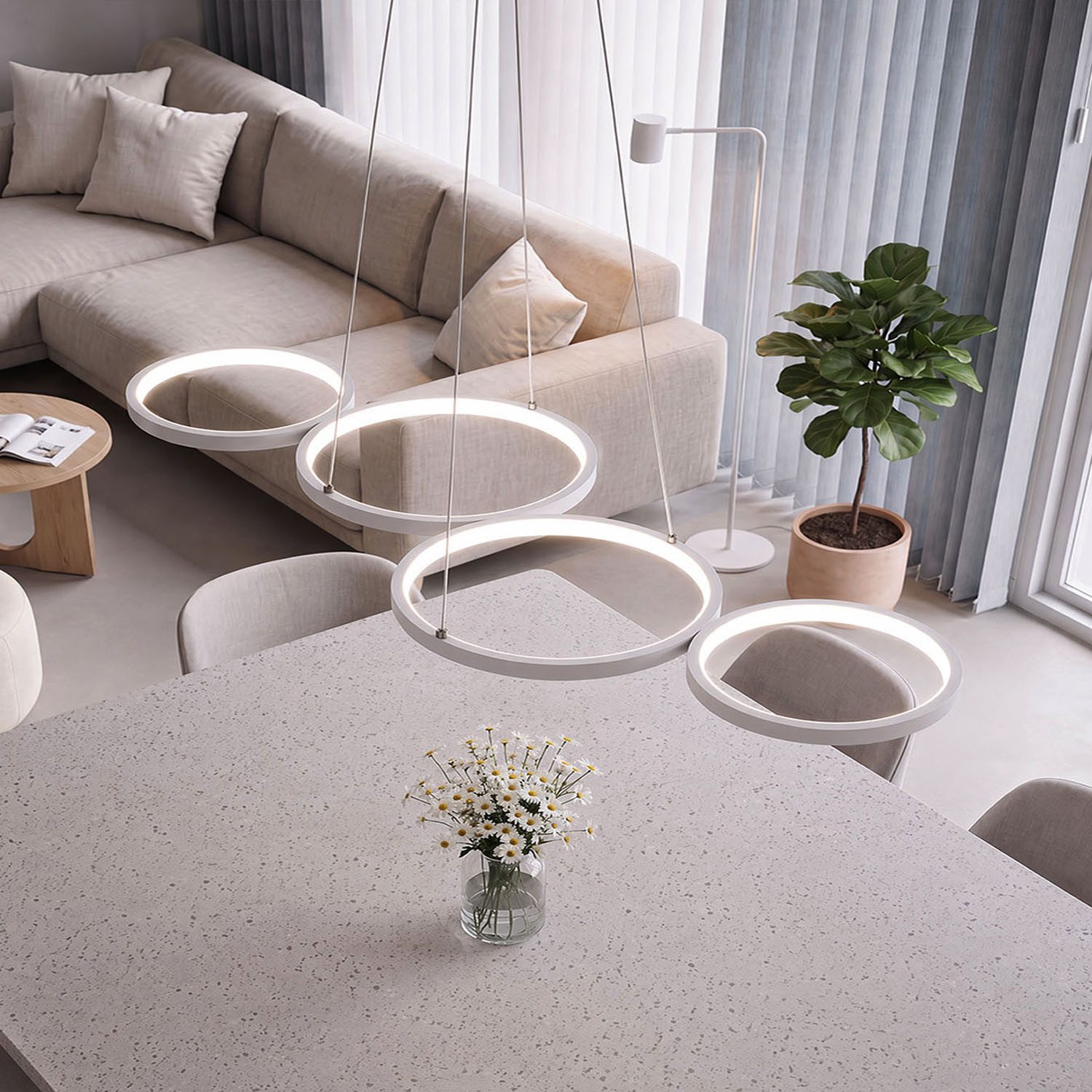 oyajia LED Pendelleuchte 30W LED Pendelleuchte 88cm, 4-Ring Hängeleuchte und Hängelampe Dimmbar, LED fest integriert, Warmweiß, Naturweiß, Kaltweiß, 3000K-6500K mit Fernbedienung, für Bar, Salon, Küche, Hotel, Esszimmer