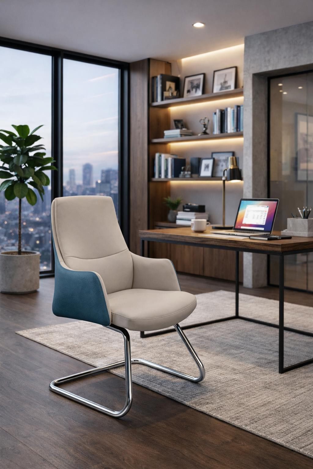 Xlmoebel Besucherstuhl Beige und blauer Leder-Besuchersessel auf Cantilever-Gestell, Made in Europa