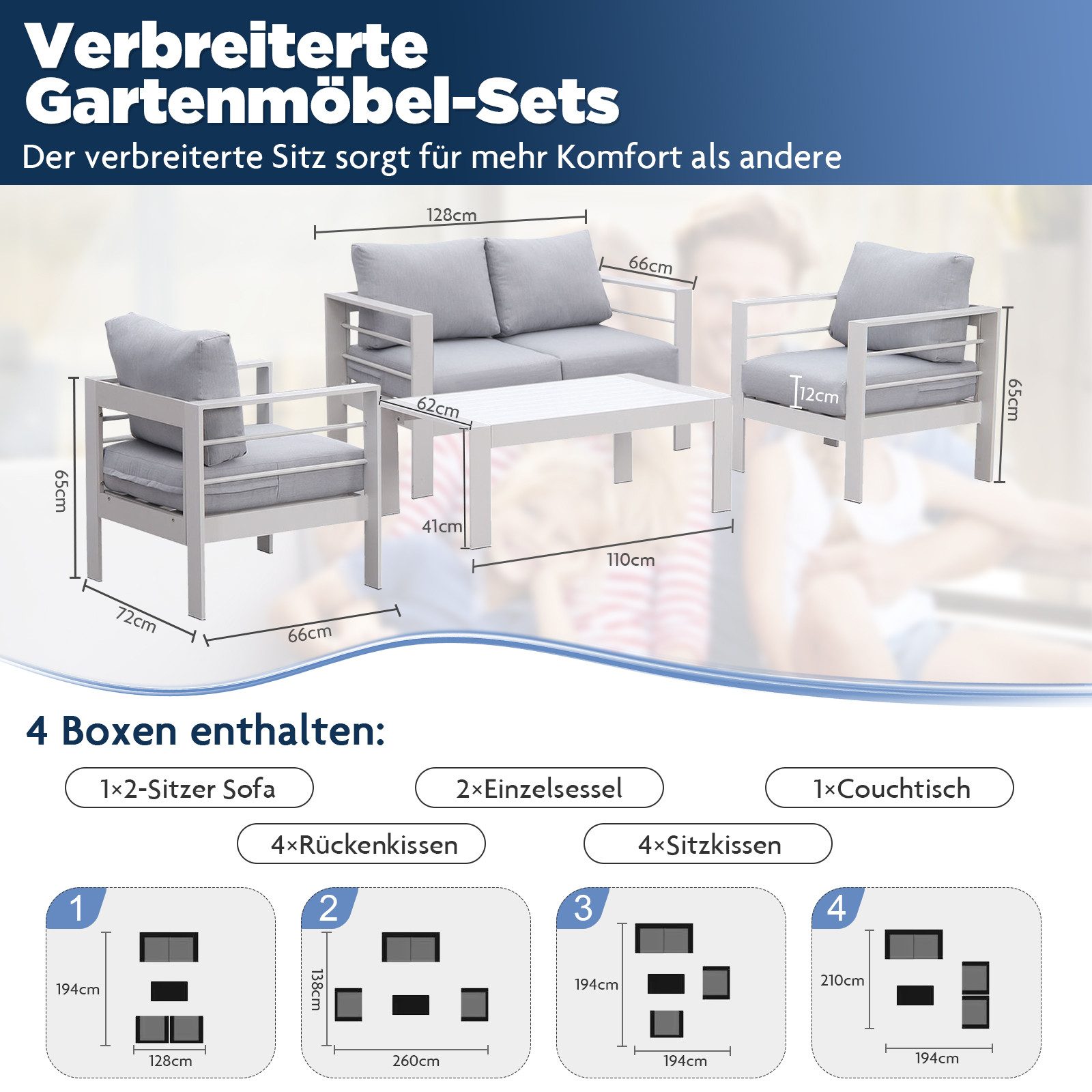 MeXo Gartenlounge-Set Balkon Möbel Set mit Tisch Aluminium 4 teilig outdoor wetterfest, (weiß, harmonieren mit Licht bei Nacht, 4-tlg., Passt zum skandinavischen, mediterranen oder minimalistischen Stil), Tisch 110x62x41cm, 12cm Deluxe Relax-Sitzkissen