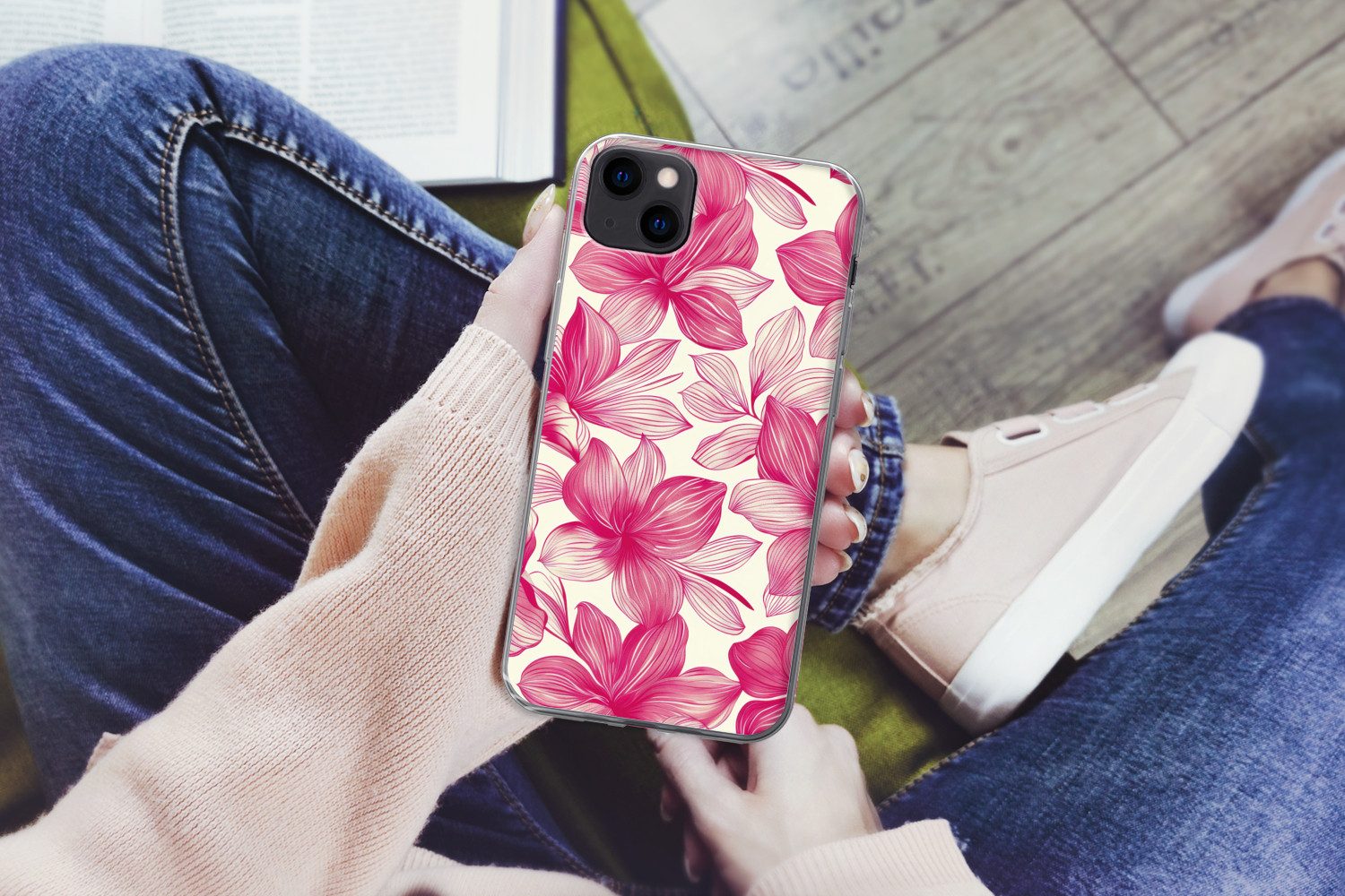 MuchoWow Handyhülle für Apple iPhone 13 mini Blumen - Muster - Rosa - Weiß, Smartphone-Bumper, Print, Handy Schutzhülle Dünn