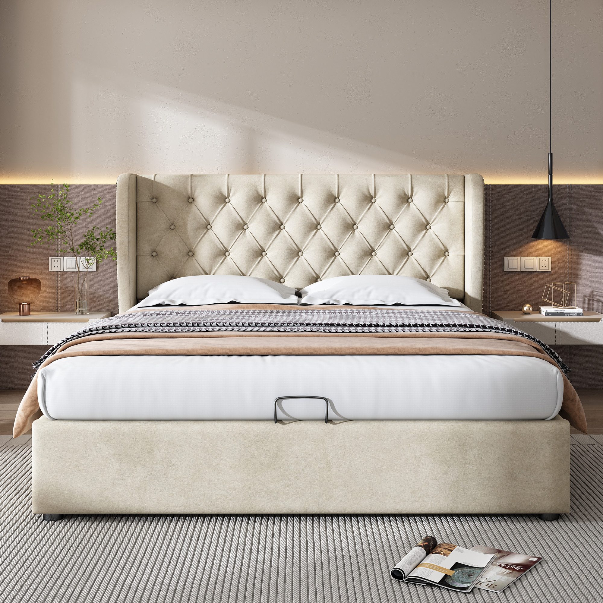 OKWISH Polsterbett Doppelbett Stauraumbett, Kiefernholz Flanell günstig online kaufen