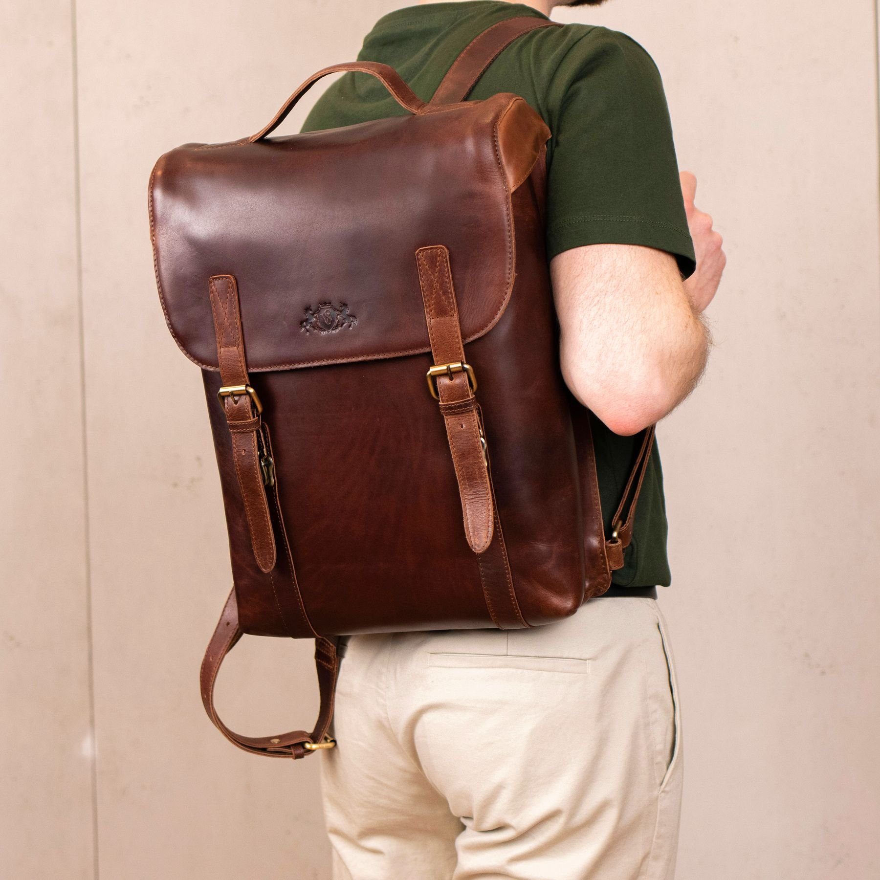 SID & VAIN Rucksack echt Leder Rucksack groß 15 Zoll Laptop Fach braun, Cityrucksack 15,4 Zoll Echtleder, Rucksack Damen Herren Braun-cognac