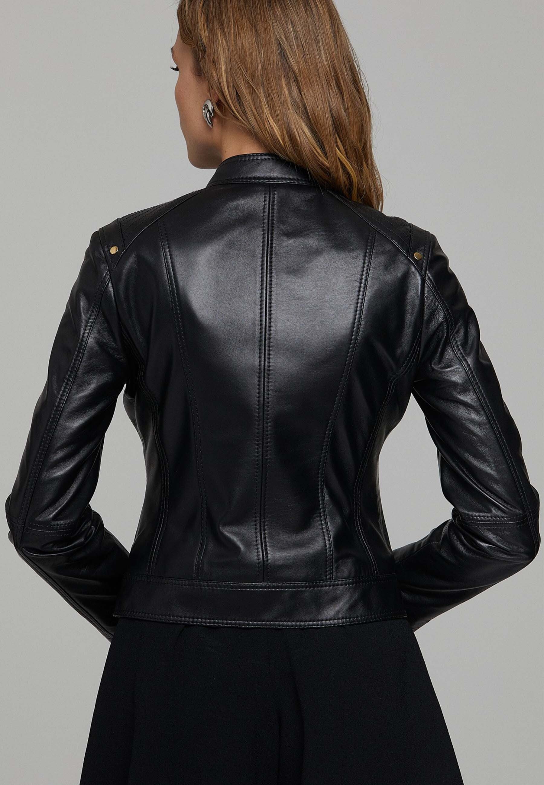 Derimod Lederjacke Sonia Kurze Lederjacke Regular Fit, Reißverschluss, Stehkragen, Normale Länge, Textilfutter