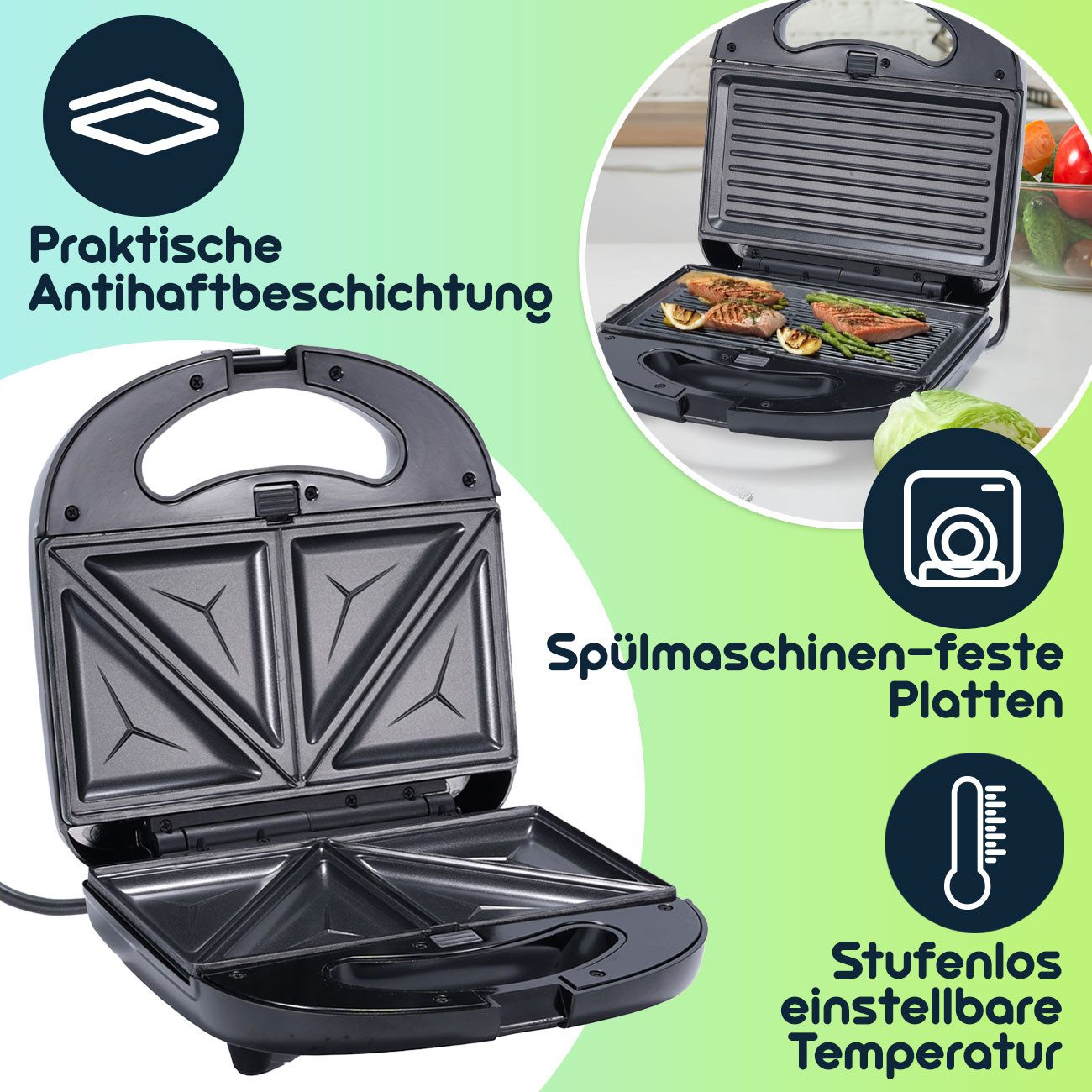 Casativo 3-in-1-Sandwichmaker 3-in-1 Multi-Grill 800W, Kontaktgrill, Sandwichmaker & Waffeleisen, 800 W, Wechselplatten für Sandwich, Waffeln & Grill, antihaft, inkl. Griff