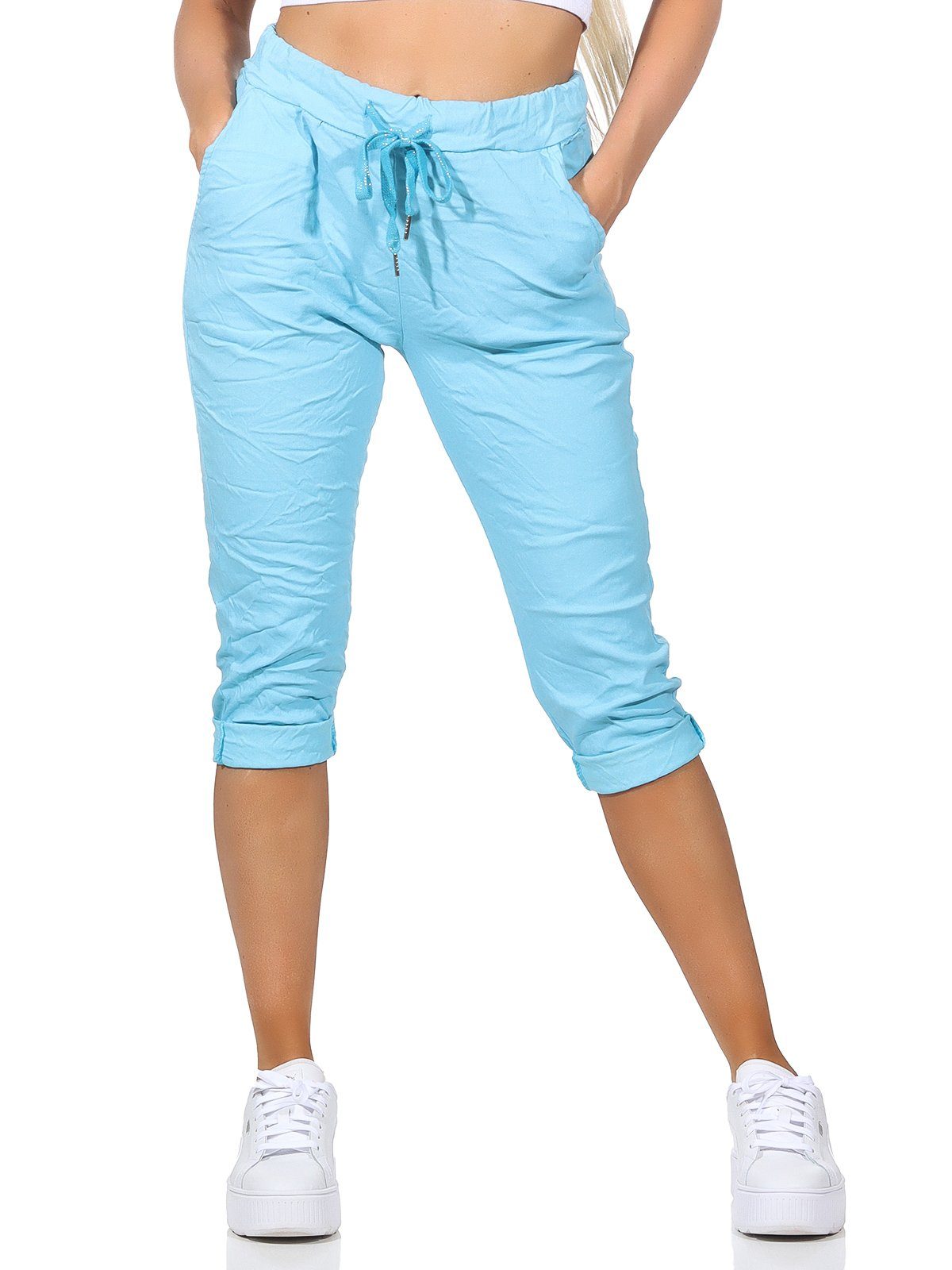 und Bermuda 7/8-Hose Damen Capri Türkis in Sommerhose Taschen Kurze Damenmode sommerlichen 36-44 Jeans Hose Farben, Aurela Kordelzug,