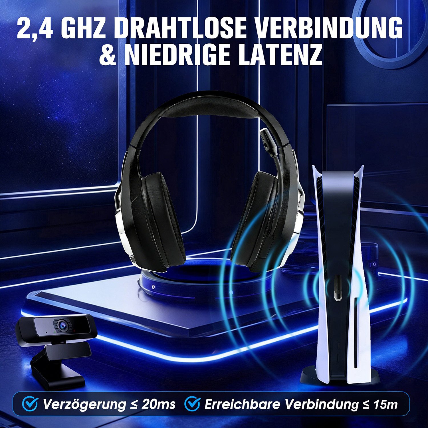 wohnTRAUM24 2.4G Wireless Gaming Headset für PC/PS5/PS4/Xbox, Kabelloses Kopfhörer Gaming-Headset (Rauschunterdrückung, Headset Mit Mikrofon Geräuschunterdrückung, HiFi-Stereo-Klangqualität, 1000 mAh Akku für über 35 Stunden Laufzeit (ohne Beleuchtung)