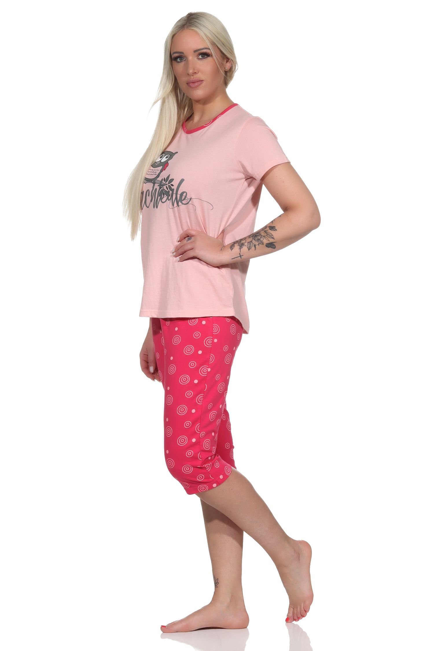 Normann Pyjama Damen kurzarm Capri Eulen-Motiv mit rosa Schlafanzug "Nachteule" süßem