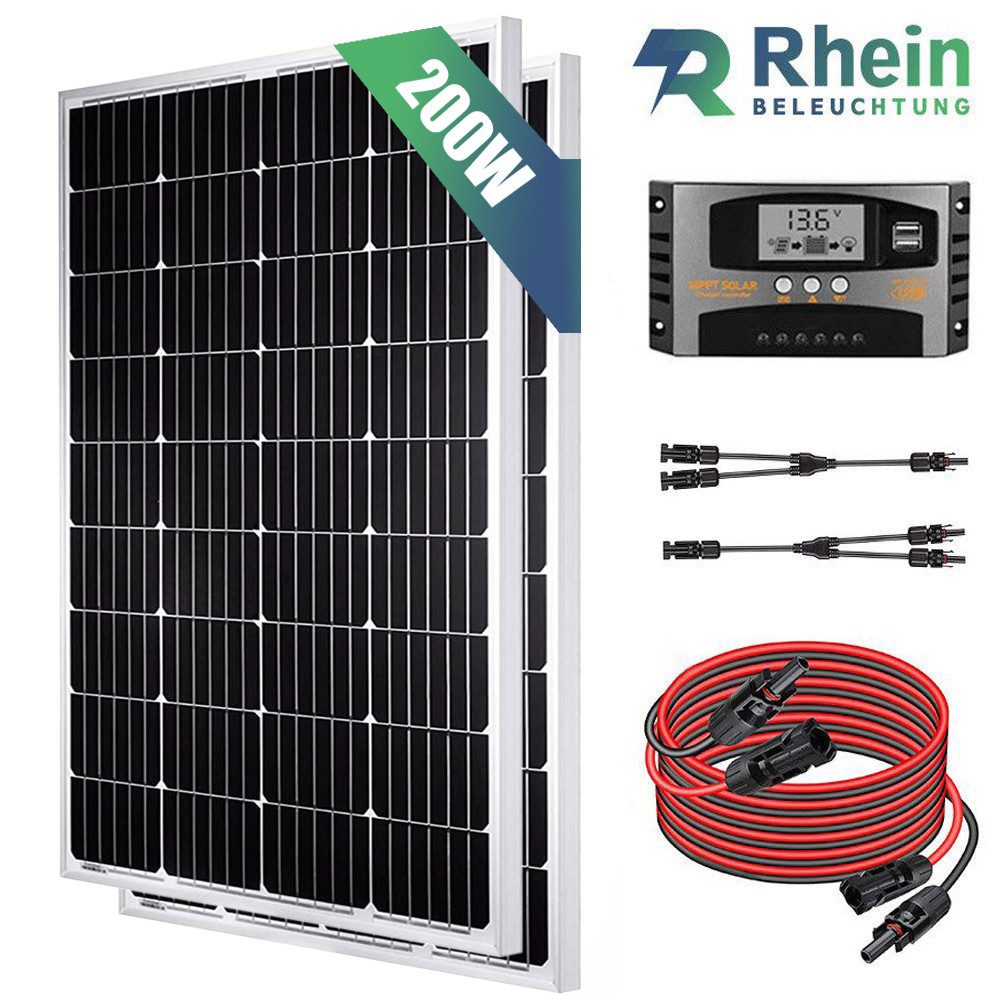 Rhein Beleuchtung Solarmodul 200W Solarpanel Set 12V Monokristallin für Wohnmobil & Camping, 200 W, Monokristallin, (Set, 1-St., Inkl. 40A MPPT-Regler, Y-Kabel, 2×100W Module, Plug & Play), Mit Halbzellen-Technologie, IP65 wasserdicht, hohe Effizienz