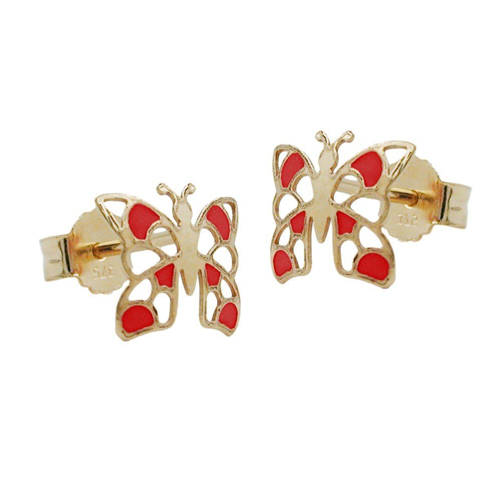 Schmuck Krone Paar Ohrstecker Ohrstecker Ohrringe Schmetterling rot lackiert 375 Gold Gelbgold Kinder, Gold 375