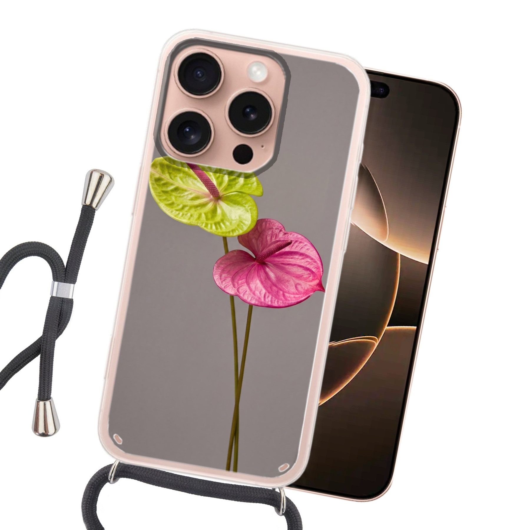 MuchoWow Handyhülle für Apple iPhone 16 Pro Pflanzen - Anthurium - Grün - Rosa, Tragbare Handyhüllen mit Kette zum umhängen, Handykette Handyband